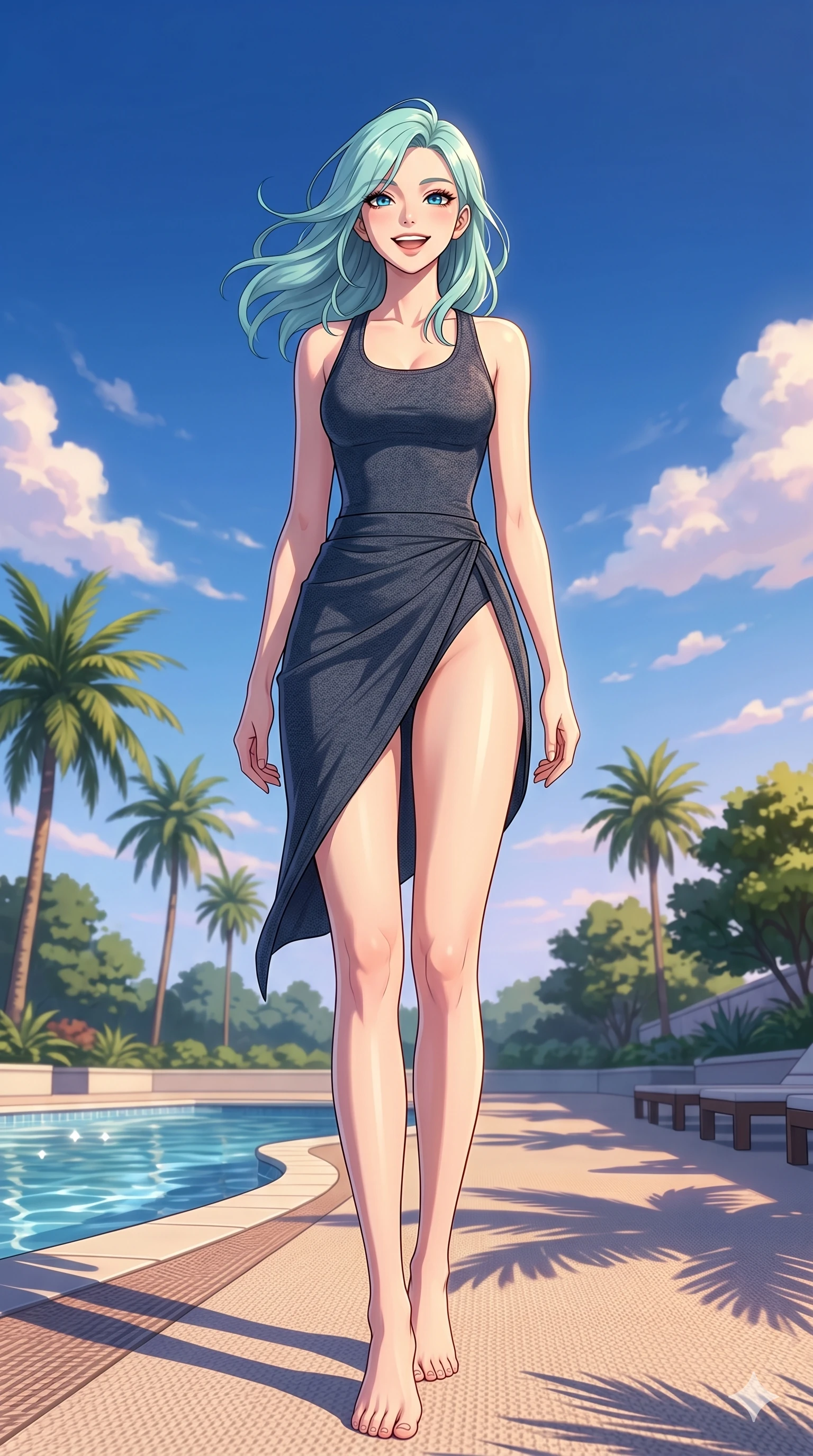 score_9, masterpiece, best quality, ultra-detailed, high-budget anime keyframe, vibrant anime aesthetic, Japanese woman. low angle full-body shot from head to toe showing her feet, filling the entire 9:16 vertical frame with her statuesque presence, stretching her vertical silhouette. She is standing tall with a lively smile, her hair blowing gently in the spring breeze by a private resort pool deck under a bright blue sky (Code-P20-043). She has an absolutely perfect 8-heads proportion, an exceptionally tall and slender female figure with impossibly long slender legs and an ultra-slim waist. V-shaped jawline, high-bridge nose, intricate jewel-like eyes with depth, thick eyelashes, glossy lips with a natural sheen. wearing a bodycon leotard with a high-slit wrap skirt in activewear knit. She is bathed in soft, radiant golden hour sun casting long, elegant shadows around her. 2k, ultra detail, master piece, 9:16 ratio