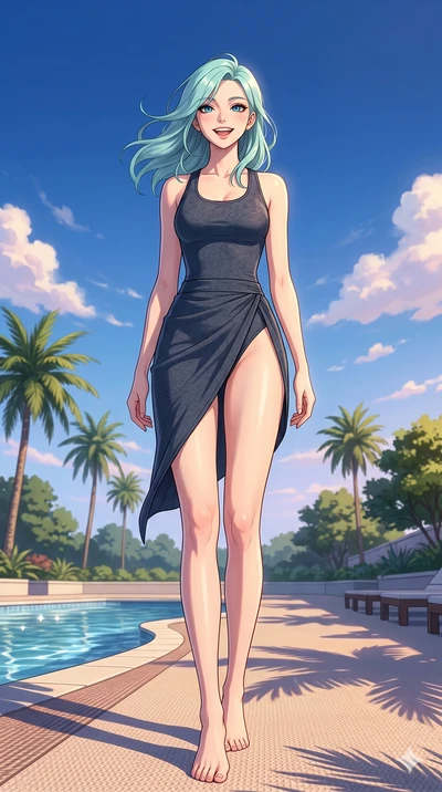 score_9, masterpiece, best quality, ultra-detailed, high-budget anime keyframe, vibrant anime aesthetic, Japanese woman. low angle full-body shot from head to toe showing her feet, filling the entire 9:16 vertical frame with her statuesque presence, 