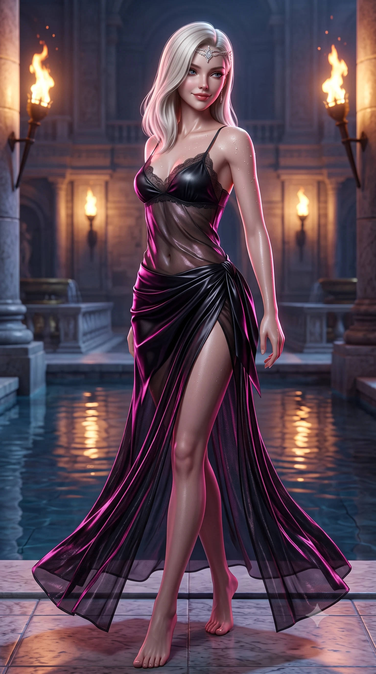 score_9, masterpiece, best quality, ultra-detailed, high-budget anime keyframe, semi-realistic 3D game render, editorial fashion photography, tasteful artistic composition, Caucasian woman. low angle full-body shot from head to toe showing her feet, filling the entire 9:16 vertical frame with her statuesque presence, stretching her vertical silhouette. executing a slow, graceful pivot turn as her skirt sways around her slender legs, glancing back with an enchanting, teasing sensual expression while twisting her slender torso in an alluring S-curve, dancing torchlight and water reflections sculpting highlights across her flat midriff and hips. The surrounding environment is rendered in vivid detail and crisp panoramic clarity: detailed semi-sheer metallic lurex gown cling, diamond headpiece sparkle, and royal palace craftsmanship in razor-sharp precision. She has an absolutely perfect, statuesque 8.5-heads proportion, an exceptionally tall and slender model-like female figure with impossibly long slender legs, an ultra-slim waist, a flat toned midriff, narrow delicate ribcage, and beautifully sculpted feminine hips creating a graceful, slim hourglass silhouette without any bulky heaviness. sharp v-shaped jawline, high-bridge nose, sparkling eyes with hypnotic seductive depth, thick curled eyelashes, glossy parted lips with a natural dewy peach sheen, alluring bedroom-eyes with an enchanting coquettish smile, exuding magnetic siren charisma and sophisticated glamour, flawlessly proportioned anatomical accuracy, strict slender model proportions, natural body alignment, perfectly sculpted long slender limbs, ultra-slim waistline, clean dynamic posture without body distortion. wearing a delicate lace-trimmed silk camisole paired with a draped satin wrap sarong mini skirt with high side slit in wet-look onyx black with electric magenta reflections, made of sheer gossamer chiffon that drapes softly against skin with airy translucence, finished with glistening drops of hot spring water beading across her sculpted shoulders and collarbones, the glove-like clinging cut tightly following the natural contour of her hips and long slender legs with youthful 8.5-heads elegance. illuminated by water reflection bounce and sharp copper-gold rim lights sculpting her jawline, narrow waist, and voluptuous hip curves. highly saturated vibrant anime colors, detailed shading with soft gradients, rich glossy textures, high-contrast stereoscopic depth, volumetric dynamic lighting, master piece, 9:16 ratio