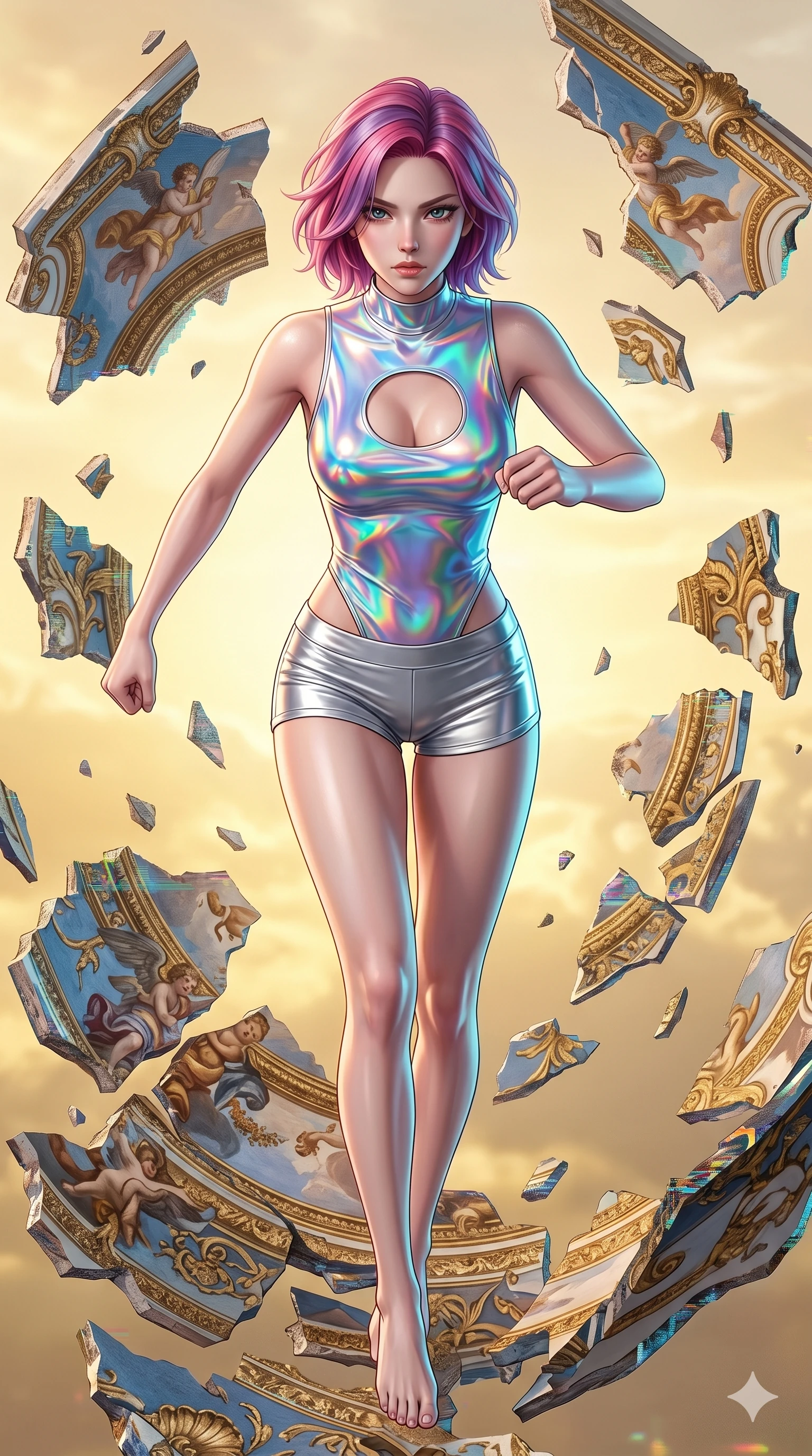 score_9, masterpiece, best quality, ultra-detailed, high-budget anime keyframe, Korean woman. upper body close-up from the thighs up, character filling the screen for maximum presence. propelling herself off digital baroque ceiling fresco shards that float and reassemble in a golden sky. She has an absolutely perfect 8-heads proportion, an exceptionally tall and slender female figure with impossibly long slender legs and an ultra-slim waist. V-shaped jawline, high-bridge nose, intricate jewel-like eyes with depth, thick eyelashes, glossy lips with a natural sheen.. wearing a holographic liquid silk vest and silver metallic micro-shorts, featuring a keyhole cutout and form-fitting silhouette. lit by a soft glowing ambient light and a sharp side key light that traces the sleek contours of her athletic build. 2k, ultra detail, master piece, 9:16 ratio