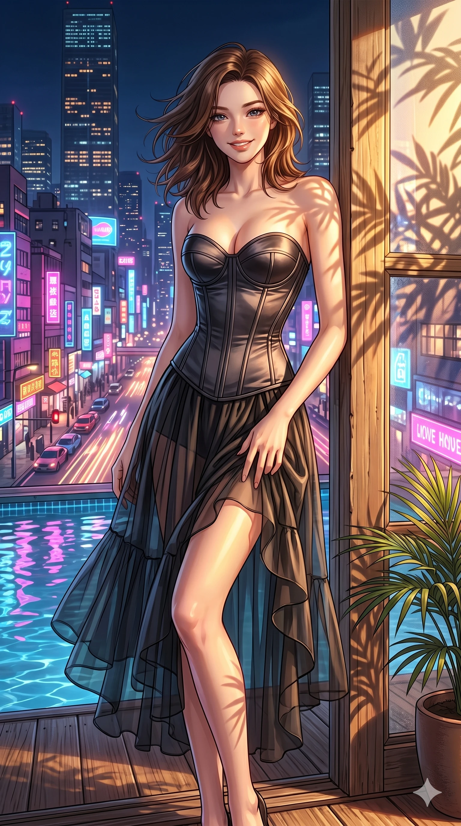 score_9, masterpiece, best quality, ultra-detailed, high-budget anime keyframe, editorial fashion photography, tasteful artistic composition, Korean woman. cowboy shot from the thighs up, character and outfit filling the frame for maximum editorial presence. leaning against the wooden window frame, looking at the viewer with a smile on a private rooftop pool deck overlooking a glowing neon city at night (Code-P18-174). She has an absolutely perfect 8-heads proportion, an exceptionally tall and slender female figure with impossibly long slender legs and an ultra-slim waist. V-shaped jawline, high-bridge nose, intricate jewel-like eyes with depth, thick eyelashes, glossy lips with a natural sheen. wearing a structured satin corset showing her cleavage and a sheer skirt. drenched in brilliant morning sunshine, casting long warm highlights and leaf patterns. 2k, ultra detail, master piece, 9:16 ratio