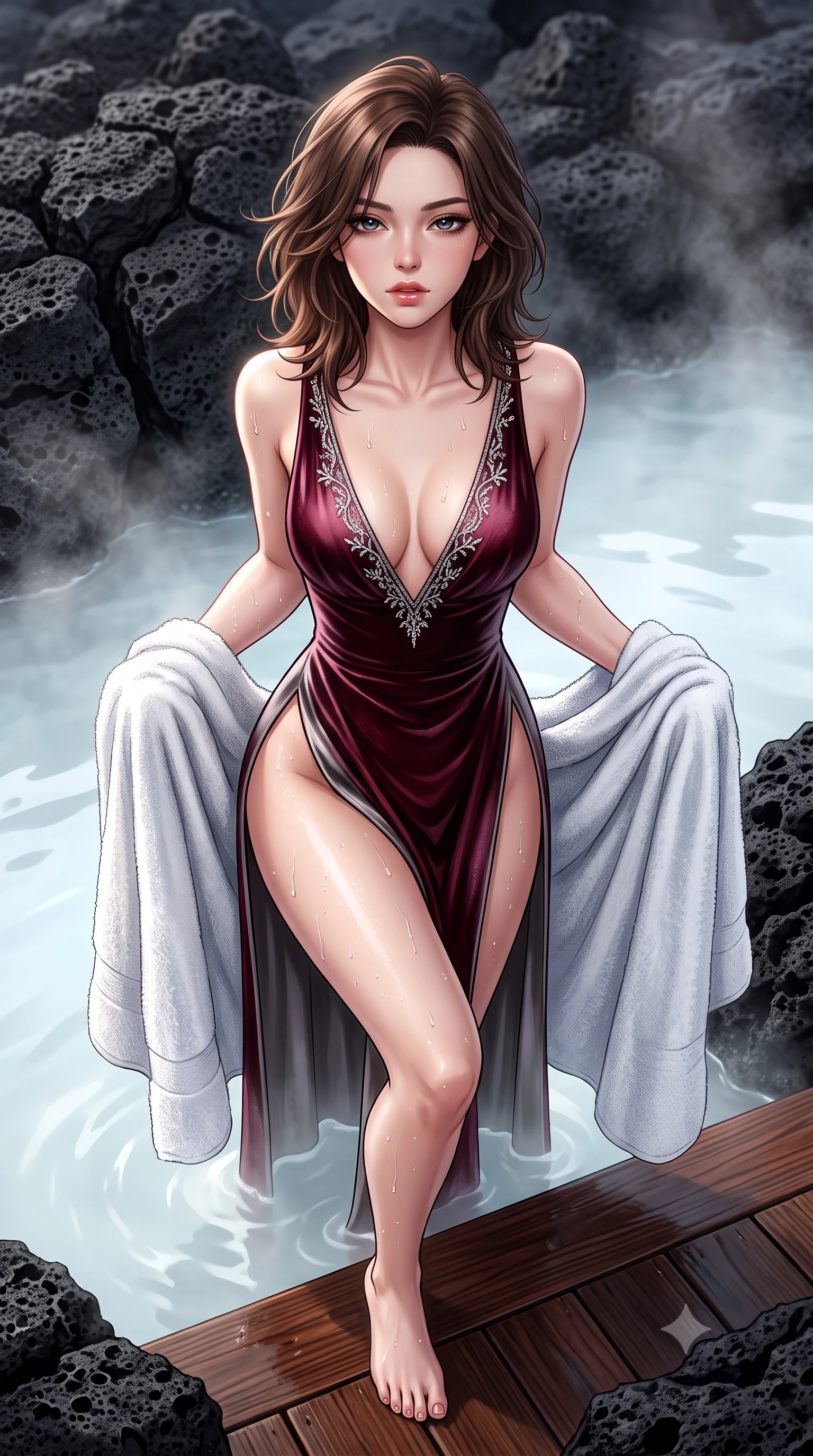 score_9, masterpiece, best quality, ultra-detailed, high-budget anime keyframe, semi-realistic 3D game render, editorial fashion photography, tasteful artistic composition, Korean woman. close-up cowboy shot from the waist and thighs up, the character dominates the composition, filling the frame with her large presence. leaning back with relaxed seductive grace, her sculpted collarbones and narrow waist highlighted as she casts smoldering bedroom-eyes directly into the camera while stepping lightly out of the milky thermal water onto the heated wooden deck, wrapping a plush towel loosely around her curvy hips. The surrounding environment is rendered in vivid detail and crisp panoramic clarity. sharp porous black lava rock textures, distinct water droplet tracks on skin, and cedar wood grain in deep focus. She has an exceptionally elegant, slender, and willowy female figure with an ultra-slim waist, flat toned midriff, narrow ribcage, and sculpted feminine hips creating an alluring, slim hourglass silhouette without bulk. sharp v-shaped jawline, high-bridge nose, intricate jewel-like eyes with depth, thick eyelashes, glossy parted lips with a natural sheen, intensely captivating and seductive bedroom-eyes expression, flawlessly proportioned anatomical accuracy, strict slender model proportions, natural body alignment, perfectly sculpted long slender limbs, ultra-slim waistline, clean dynamic posture without body distortion. wearing a plunging-V neckline duchess satin gown with high side slits ascending to the high hip in deep wine burgundy and brushed dark platinum, crafted from heavyweight crushed silk velvet with liquid vintage luster, finished with delicate crystal frost embroidery tracing the plunging neckline, the second-skin form-contouring cut accentuating her sculpted flat midriff, narrow delicate ribcage, and gracefully curvy hips with supermodel precision. surrounded by an otherworldly, serene, and deeply sensual Arctic geothermal nymph aura. highly saturated vibrant anime colors, detailed shading with soft gradients, rich glossy textures, high-contrast stereoscopic depth, volumetric dynamic lighting, master piece, 9:16 ratio