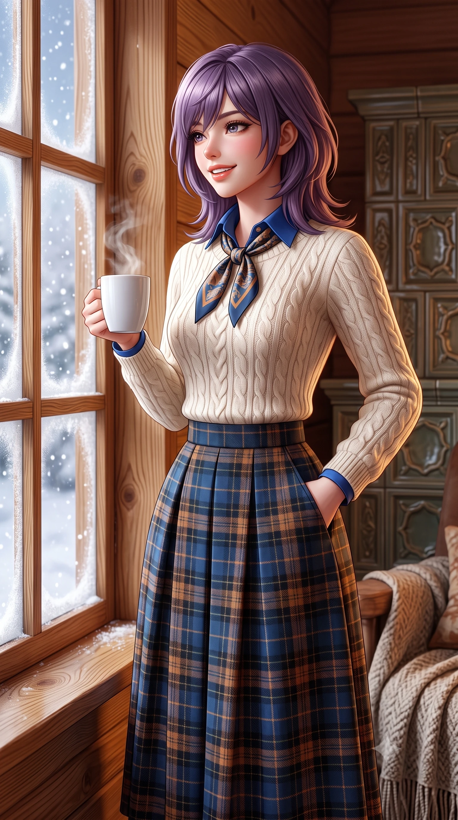 score_9, masterpiece, best quality, ultra-detailed, high-budget anime keyframe, semi-realistic 3D game render, editorial fashion photography, tasteful artistic composition, Japanese woman. close-up cowboy shot from the waist and thighs up, the character dominates the composition, filling the frame with her large presence. standing poised with one hand slipped into her tailored trouser pocket, head tilted in a friendly, engaging expression while walking toward the frosted timber window with a steaming porcelain mug, looking out at the falling snowflakes with wonder. The surrounding environment is rendered in vivid detail and crisp panoramic clarity: sharp tight annual growth rings in fragrant pine timber, glazed ceramic stove relief patterns, and hand-woven wool throw textures in deep focus. She has an exceptionally elegant, slender, and willowy female figure with an ultra-slim waist, flat toned midriff, narrow ribcage, and sculpted feminine hips creating an alluring, slim hourglass silhouette without bulk. sharp v-shaped jawline, high-bridge nose, intricate jewel-like sparkling eyes with depth, thick eyelashes, glossy parted lips with a natural peach sheen, bright cheerful beaming smile with an enchanting and coquettish sensual glint, exuding both youthful cute charm and seductive allure, flawlessly proportioned anatomical accuracy, strict slender model proportions, natural body alignment, perfectly sculpted long slender limbs, ultra-slim waistline, clean dynamic posture without body distortion. wearing an ivory cable-knit fisherman sweater paired with a pleated wool tartan midi skirt and a crisp collared poplin shirt in royal sapphire blue and antique brushed bronze, made of crisp Egyptian cotton poplin with pristine tailored pressing, finished with a printed silk twilly scarf knotted gracefully around her neck, the bespoke architectural tailoring hugging her natural waistline with sartorial precision, creating a clean graceful hourglass silhouette with tall model elegance. illuminated by honey pine wall reflection bounce and warm buttery rim lights sculpting her features and slender hourglass curves. highly saturated vibrant anime colors, detailed shading with soft gradients, rich glossy textures, high-contrast stereoscopic depth, volumetric dynamic lighting, master piece, 9:16 ratio