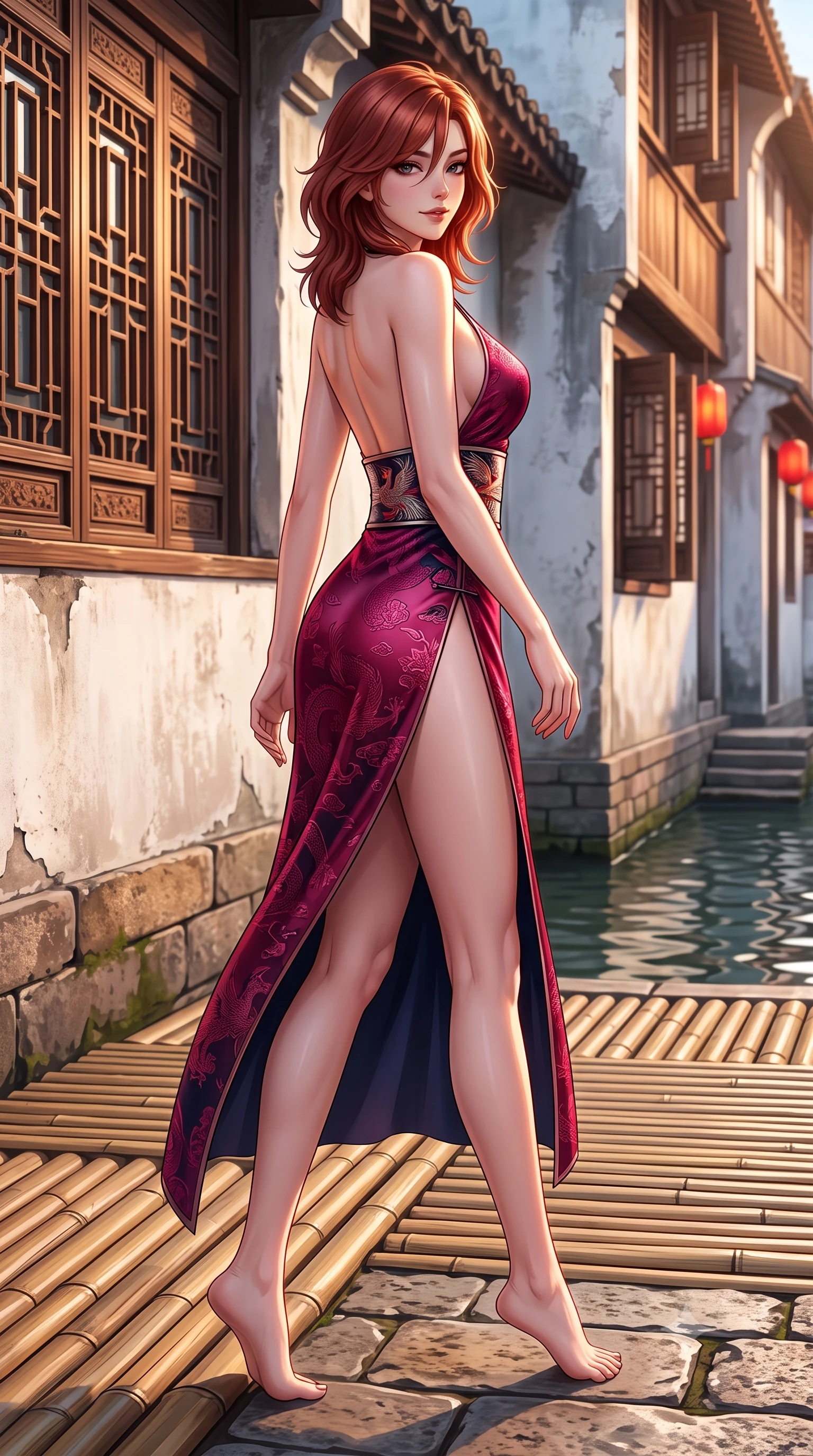 score_9, masterpiece, best quality, ultra-detailed, high-budget anime keyframe, semi-realistic 3D game render, editorial fashion photography, tasteful artistic composition, Korean woman. low angle full-body shot from head to toe showing her feet, filling the entire 9:16 vertical frame with her statuesque presence, stretching her vertical silhouette. walking slowly through the bamboo pathway, looking back over her shoulder with an air of effortless oriental grace and an alluring, smoldering smile while twisting her slender torso in an alluring S-curve, red lantern reflections and water caustics rippling across her narrow waist and curvy hips. The surrounding environment is rendered in vivid detail and crisp panoramic clarity: sharp carved wooden window lattice patterns, weathered whitewashed plaster texture, and canal water ripples in deep focus. She has an absolutely perfect, statuesque 8.5-heads proportion, an exceptionally tall and slender model-like female figure with impossibly long slender legs, an ultra-slim waist, a flat toned midriff, narrow delicate ribcage, and beautifully sculpted feminine hips creating a graceful, slim hourglass silhouette without any bulky heaviness. sharp v-shaped jawline, high-bridge nose, intricate jewel-like dark sparkling almond eyes with depth, thick lashes, glossy parted lips with a natural rose-plum sheen, bright alluring and coquettish smile with bedroom-eyes, exuding both timeless oriental elegance and sovereign high-fashion allure, flawlessly proportioned anatomical accuracy, strict slender model proportions, natural body alignment, perfectly sculpted long slender limbs, ultra-slim waistline, clean dynamic posture without body distortion. wearing a backless crimson silk slip dress with oriental peony jacquard and a side hip slit ascending to the high waist in deep lotus magenta and matte midnight navy, made of rich jacquard silk with intricate embossed dragon and cloud motifs, finished with a wide metallic obi sash with intricate embroidered phoenix motifs, the form-fitting tailored bodice adhering flawlessly to her sculpted flat midriff and slender torso, emphasizing her long leg lines and perfectly proportioned willowy build. bathed in warm late-afternoon golden hour light reflecting off whitewashed walls and calm waters. highly saturated vibrant anime colors, detailed shading with soft gradients, rich glossy textures, high-contrast stereoscopic depth, volumetric dynamic lighting, master piece, 9:16 ratio