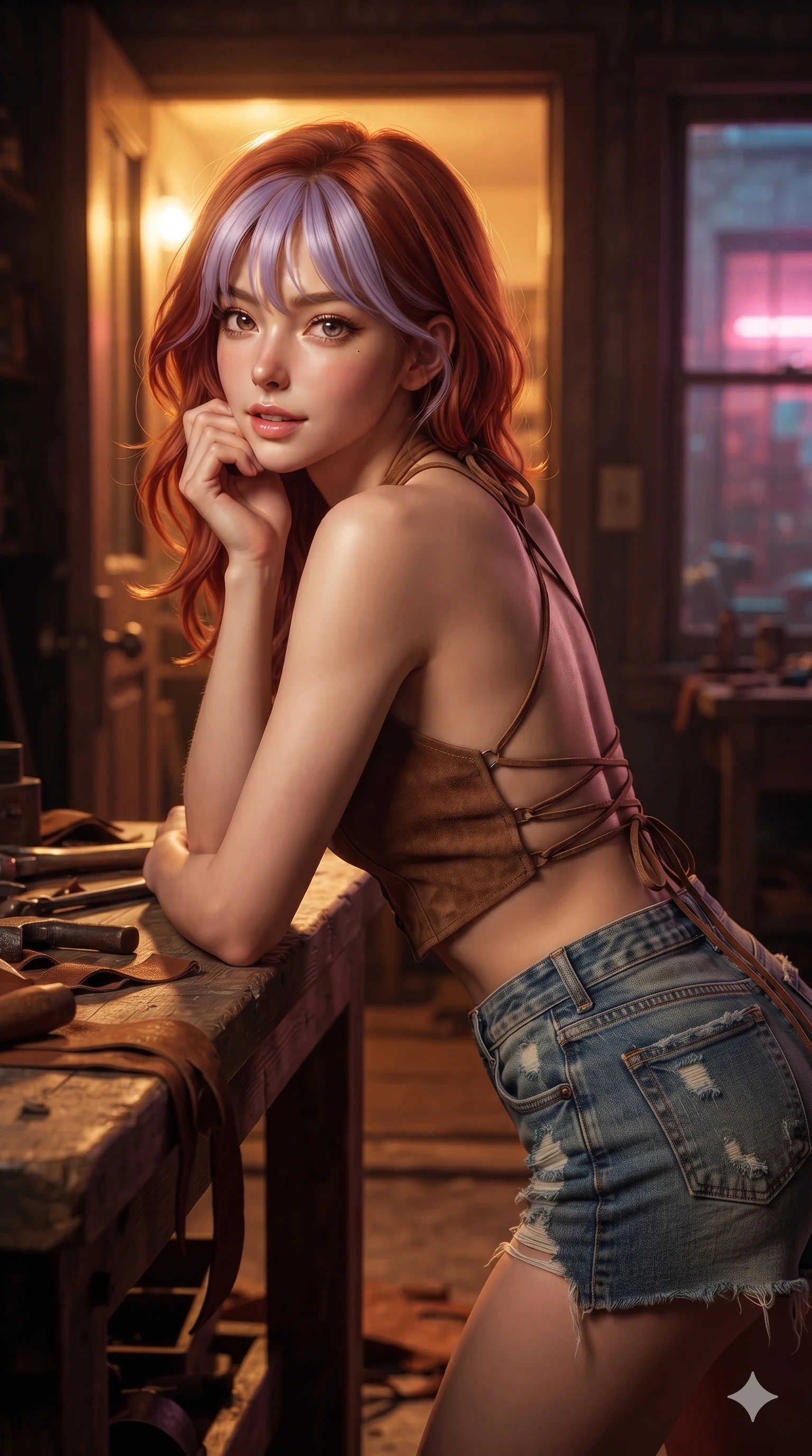 score_9, masterpiece, best quality, ultra-detailed, high-budget anime keyframe, editorial fashion photography, tasteful artistic composition, Caucasian woman. close-up cowboy shot from the waist and thighs up, the character dominates the composition, filling the frame with her large presence. resting one elbow on the workbench and supporting her chin, leaning close to the camera with heavy-lidded sparkling eyes and parted lips while twisting her slender torso in an alluring S-curve between room doors and exterior sconces, warm incandescent light tracing her flat midriff and hips. The surrounding environment is rendered in vivid detail and crisp panoramic clarity: detailed micro-wrap denim skirt tailoring, silver concho belt accents, and retro roadside architecture in razor-sharp precision. She has an exceptionally elegant, slender, and willowy female figure with an ultra-slim waist, flat toned midriff, narrow ribcage, and sculpted feminine hips creating an alluring, slim hourglass silhouette without bulk. sharp v-shaped jawline, high-bridge nose, sparkling eyes with hypnotic seductive depth, thick curled eyelashes, glossy parted lips with a natural dewy peach sheen, alluring bedroom-eyes with an enchanting coquettish smile, exuding magnetic siren charisma and sophisticated glamour, flawlessly proportioned anatomical accuracy, strict slender model proportions, natural body alignment, perfectly sculpted long slender limbs, ultra-slim waistline, clean dynamic posture without body distortion. wearing a backless suede halter crop top with criss-cross leather ties paired with ultra-low-rise distressed denim cutoffs in sun-kissed terracotta and dusty canyon rose, crafted from luxurious metallic lamé that shifts radiance with every step, accented with an open-back drape framed by falling strands of delicate chrome chains, the impeccably tailored cut draping gracefully along her slender figure with aristocratic western poise. bathed in the moody, nostalgic contrast of warm amber door lights and ambient cool twilight neon filtering from the courtyard. ultra-reflective glossy finish, specular highlights, rich textural contrasts, high-contrast stereoscopic depth, volumetric dynamic lighting, 2k, ultra detail, master piece, 9:16 ratio