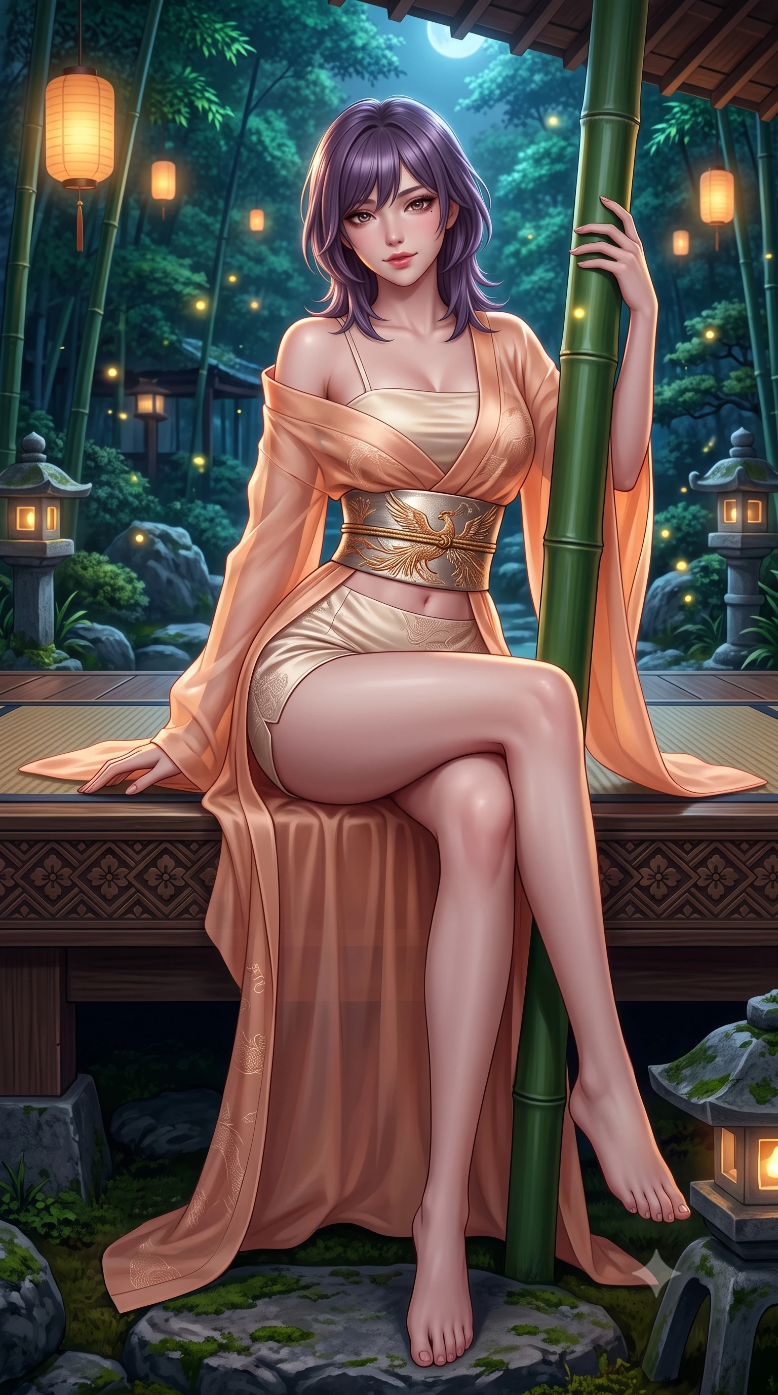 score_9, masterpiece, best quality, ultra-detailed, high-budget anime keyframe, semi-realistic 3D game render, editorial fashion photography, tasteful artistic composition, Japanese woman. low angle full-body shot from head to toe showing her feet, filling the entire 9:16 vertical frame with her statuesque presence, stretching her vertical silhouette. sitting perched on the elevated pavilion terrace edge with legs crossed and hips angled toward the camera, displaying her toned midriff and long slender limbs with joyful, coquettish charm while leaning against a smooth green bamboo stalk with hips cocked back, casting an enchanting, mysterious bedroom-gaze through drifting golden fireflies. The surrounding environment is rendered in vivid detail and crisp panoramic clarity: detailed silk kimono weave, lantern specular glints on hair, and traditional Japanese garden craftsmanship in high resolution. She has an absolutely perfect, statuesque 8.5-heads proportion, an exceptionally tall and slender model-like female figure with impossibly long slender legs, an ultra-slim waist, a flat toned midriff, narrow delicate ribcage, and beautifully sculpted feminine hips creating a graceful, slim hourglass silhouette without any bulky heaviness. sharp v-shaped jawline, high-bridge nose, intricate jewel-like dark sparkling almond eyes with depth, thick lashes, glossy parted lips with a natural rose-plum sheen, bright alluring and coquettish smile with bedroom-eyes, exuding both timeless oriental elegance and sovereign high-fashion allure, flawlessly proportioned anatomical accuracy, strict slender model proportions, natural body alignment, perfectly sculpted long slender limbs, ultra-slim waistline, clean dynamic posture without body distortion. wearing a sheer gossamer silk robe draped casually off bare shoulders over a form-fitting strappy satin bandeau and micro-shorts in warm peach apricot and soft vanilla silk, made of rich jacquard silk with intricate embossed dragon and cloud motifs, finished with a wide metallic obi sash with intricate embroidered phoenix motifs, the glove-like silhouette tightly following the natural contour of her hips and long slender legs with youthful 8.5-heads elegance. bathed in soft floating amber lantern light and cool moonlit emerald forest canopy fill. highly saturated vibrant anime colors, detailed shading with soft gradients, rich glossy textures, high-contrast stereoscopic depth, volumetric dynamic lighting, master piece, 9:16 ratio
