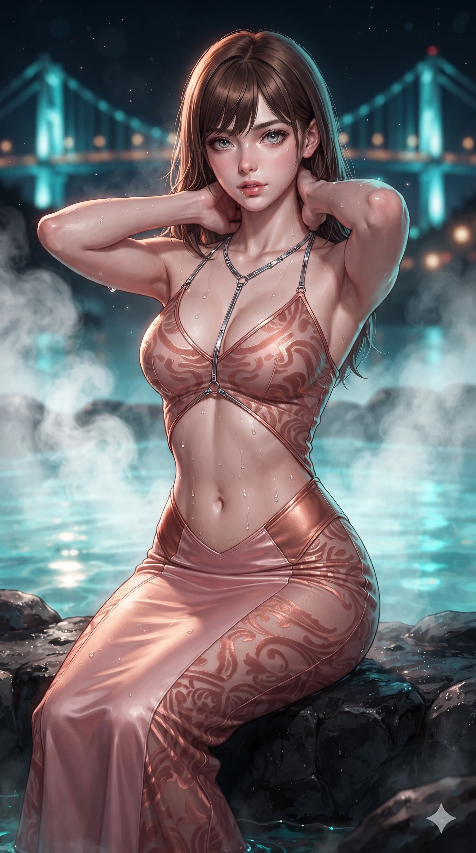score_9, masterpiece, best quality, ultra-detailed, high-budget anime keyframe, editorial fashion photography, tasteful artistic composition, Korean woman. close-up cowboy shot from the waist and thighs up, the character dominates the composition, filling the frame with her large presence. resting both hands lightly behind her neck with elbows raised, arching her spine to highlight her narrow waist, flat midriff, and breathtaking collarbones while sitting on the black basalt rock rim of the steaming geothermal pool, water droplets beading on her flat midriff and curvy hips as steam rises into the night air. The background shows a soft-focus swirling white geothermal steam plumes, glowing turquoise thermal water, and distant illuminated suspension bridges blurred into turquoise, amber, and midnight obsidian bokeh. She has an exceptionally elegant, slender, and willowy female figure with an ultra-slim waist, flat toned midriff, narrow ribcage, and sculpted feminine hips creating an alluring, slim hourglass silhouette without bulk. sharp v-shaped jawline, high-bridge nose, intricate jewel-like sparkling eyes with depth, thick eyelashes, glossy parted lips with a natural sheen, intensely captivating and seductive bedroom-eyes expression, exuding both youthful cute charm and sovereign luxury allure, flawlessly proportioned anatomical accuracy, strict slender model proportions, natural body alignment, perfectly sculpted long slender limbs, ultra-slim waistline, clean dynamic posture without body distortion. wearing a sculptured liquid-satin mermaid gown with an architectural open-waist cutout and bare spine in rose-quartz blush and burnished copper, made of sheer contouring power-mesh with velvet flocking patterns, accented with a chrome-drop body harness subtly framing her dewy collarbones and spine, the form-contouring material adhering flawlessly to her sculpted flat midriff and slender torso, emphasizing her long leg lines and perfectly proportioned willowy build. illuminated by water surface ripple reflections and sharp turquoise-amber rim lights carving her sculpted collarbones, ultra-slim waist, and curvy hips. ultra-reflective glossy finish, specular highlights, rich textural contrasts, high-contrast stereoscopic depth, volumetric dynamic lighting, 2k, ultra detail, master piece, 9:16 ratio