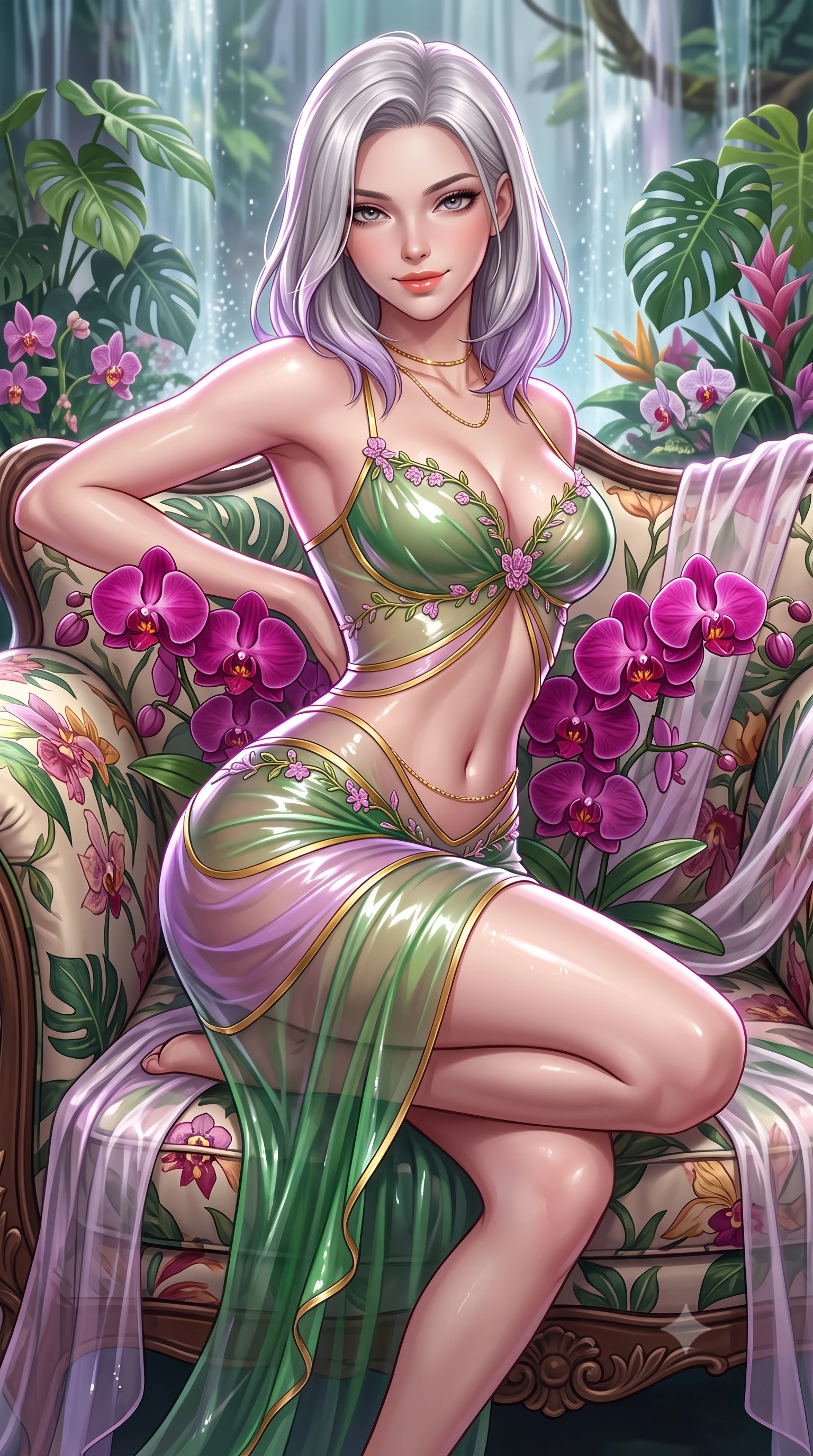 score_9, masterpiece, best quality, ultra-detailed, high-budget anime keyframe, semi-realistic 3D game render, editorial fashion photography, tasteful artistic composition, Caucasian woman. close-up cowboy shot from the waist and thighs up, the character dominates the composition, filling the frame with her large presence. perched sideways on the lounge seat, one knee drawn up to showcase her slender leg line while her arched back accentuates her feminine hip curve while twisting her slender torso in an alluring S-curve, exotic magenta orchids framing her sculpted flat midriff, waist, and curvy hips. The surrounding environment is rendered in vivid detail and crisp panoramic clarity: detailed sheer chiffon wrap dress cling, gold body jewelry shine, and exotic botanical display in high resolution. She has an exceptionally elegant, slender, and willowy female figure with an ultra-slim waist, flat toned midriff, narrow ribcage, and sculpted feminine hips creating an alluring, slim hourglass silhouette without bulk. sharp v-shaped jawline, high-bridge nose, sparkling eyes with hypnotic seductive depth, thick curled eyelashes, glossy parted lips with a natural dewy peach sheen, alluring bedroom-eyes with an enchanting coquettish smile, exuding magnetic siren charisma and sophisticated glamour, flawlessly proportioned anatomical accuracy, strict slender model proportions, natural body alignment, perfectly sculpted long slender limbs, ultra-slim waistline, clean dynamic posture without body distortion. wearing a provocative sheer illusion mesh gown with liquid gold ribbons contouring her flat midriff and curvaceous hips in vibrant jungle monstera green and dewy orchid lavender, crafted from wet-look high-gloss vinyl fabric with dazzling specular surface reflections, finished with delicate floral vine embroidery tracing along her sweetheart neckline with intimate elegance, the form-contouring silhouette accentuating her sculpted flat midriff, narrow delicate ribcage, and gracefully curvy hips with intoxicating allure. illuminated by waterfall spray reflection fill and sharp platinum-magenta rim lights defining her delicate clavicles, narrow waist, and curvy hips. highly saturated vibrant anime colors, detailed shading with soft gradients, rich glossy textures, high-contrast stereoscopic depth, volumetric dynamic lighting, master piece, 9:16 ratio