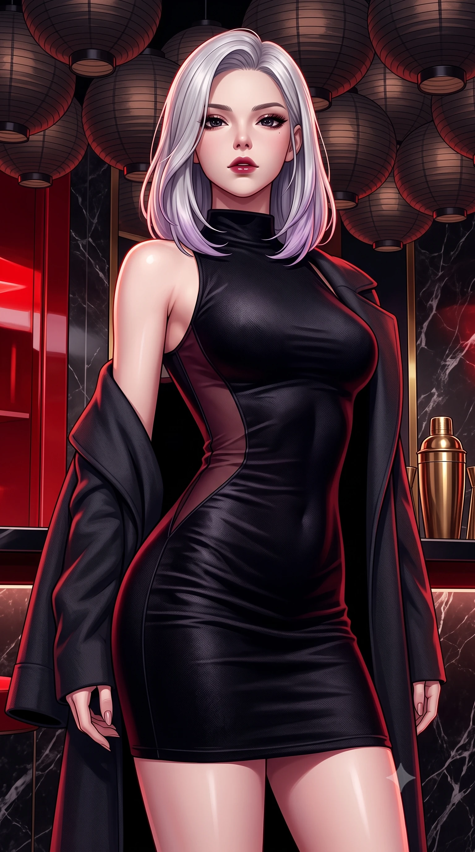 score_9, masterpiece, best quality, ultra-detailed, high-budget anime keyframe, semi-realistic 3D game render, editorial fashion photography, tasteful artistic composition, Caucasian woman. close-up cowboy shot from the waist and thighs up, the character dominates the composition, filling the frame with her large presence. tilting her chin up slightly with lips parted in a composed, sovereign expression, her body curving in an alluring S-line that accentuates her hip contour while twisting her slender torso in an alluring contrapposto stance beneath a canopy of dark paper lanterns, her fitted outfit accentuating her hips and waist. The surrounding environment is rendered in vivid detail and crisp panoramic clarity. sharp glossy red lacquer reflections, dark polished marble grain, and brass cocktail shaker hardware in deep focus. She has an exceptionally elegant, slender, and willowy female figure with an ultra-slim waist, flat toned midriff, narrow ribcage, and sculpted feminine hips creating an alluring, slim hourglass silhouette without bulk. sharp v-shaped jawline, high-bridge nose, intricate jewel-like dark sparkling eyes with dangerous depth, thick curled eyelashes, glossy parted lips with a rich wine sheen, smoldering seductive half-smile with bedroom-eyes, exuding effortless superiority and intoxicating dark allure, flawlessly proportioned anatomical accuracy, strict slender model proportions, natural body alignment, perfectly sculpted long slender limbs, ultra-slim waistline, clean dynamic posture without body distortion. wearing a high-neck sleeveless bodycon dress in textured matte obsidian with side-torso semi-sheer mesh inserts in deep wine burgundy and lustrous obsidian, tailored from crushed dark velvet with deep light-absorbing plush texture, complemented by an oversized dark cashmere coat draped casually over one shoulder, the high-waisted tailoring accentuating her ultra-slim waistline and the enchanting curve of her feminine hips with alluring dark charm. illuminated by sharp specular highlights on skin and dark scarlet rim light sculpting her sculpted midriff, narrow waist, and curvy hips. highly saturated vibrant anime colors, detailed shading with soft gradients, rich glossy textures, high-contrast stereoscopic depth, volumetric dynamic lighting, master piece, 9:16 ratio