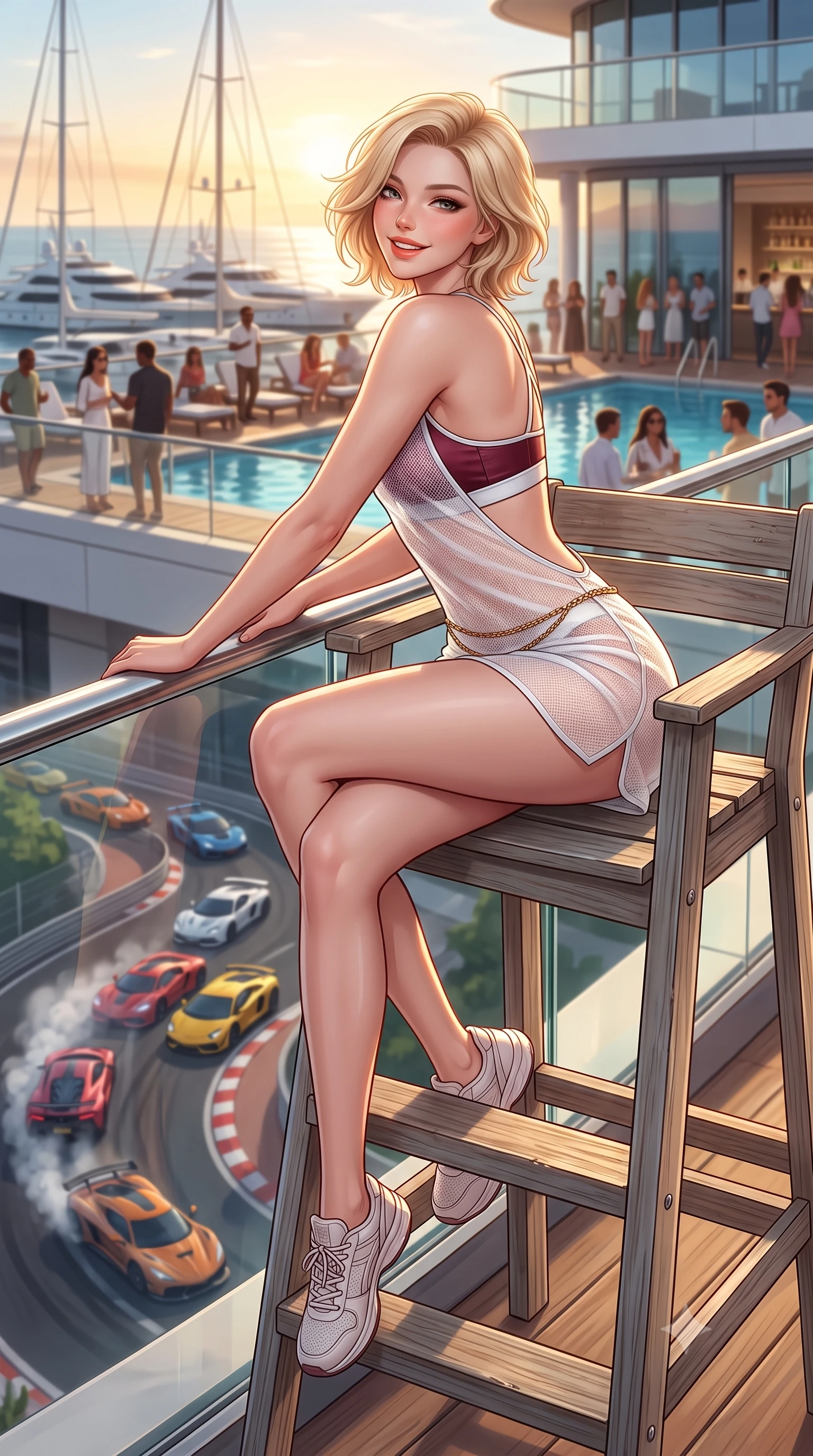 score_9, masterpiece, best quality, ultra-detailed, high-budget anime keyframe, semi-realistic 3D game render, editorial fashion photography, tasteful artistic composition, Caucasian woman. low angle full-body shot from head to toe showing her feet, filling the entire 9:16 vertical frame with her statuesque presence, stretching her vertical silhouette. sitting perched on the elevated umpire chair with legs crossed and hips angled toward the camera, displaying her toned midriff and long slender limbs with joyful, coquettish charm while leaning against the glass balustrade with hips cocked back, looking over a bare shoulder toward roaring supercars navigating the turn below. The background shows a soft-focus chic rooftop pool patrons and luxury yacht masts softened in legendary Monaco Grand Prix shallow focus. She has an absolutely perfect, statuesque 8.5-heads proportion, an exceptionally tall and slender model-like female figure with impossibly long slender legs, an ultra-slim waist, a flat toned midriff, narrow delicate ribcage, and beautifully sculpted feminine hips creating a graceful, slim hourglass silhouette without any bulky heaviness. sharp v-shaped jawline, high-bridge nose, sparkling eyes with athletic focus and depth, thick curled eyelashes, glossy parted lips with a natural coral-peach sheen, bright confident and coquettish smile with alluring bedroom-eyes, exuding both youthful sporty vigor and sovereign high-society glamour, flawlessly proportioned anatomical accuracy, strict slender model proportions, natural body alignment, perfectly sculpted long slender limbs, ultra-slim waistline, clean dynamic posture without body distortion. wearing a delicate semi-sheer white mesh tennis slip dress layered over a matching sports bra, hugging her slender waist and hips in rich burgundy wine and crisp court white, crafted from supple buttery lambskin racing leather with a satin sheen, accented with a delicate gold chain belt resting loosely on her curvy hips, the precision-cut side openings and low-back scoop framing her graceful spine and the sensual sweep of her slim, athletic hips. bathed in molten golden hour sunset light reflecting off the Mediterranean Sea and hotel glass. highly saturated vibrant anime colors, detailed shading with soft gradients, rich glossy textures, high-contrast stereoscopic depth, volumetric dynamic lighting, master piece, 9:16 ratio