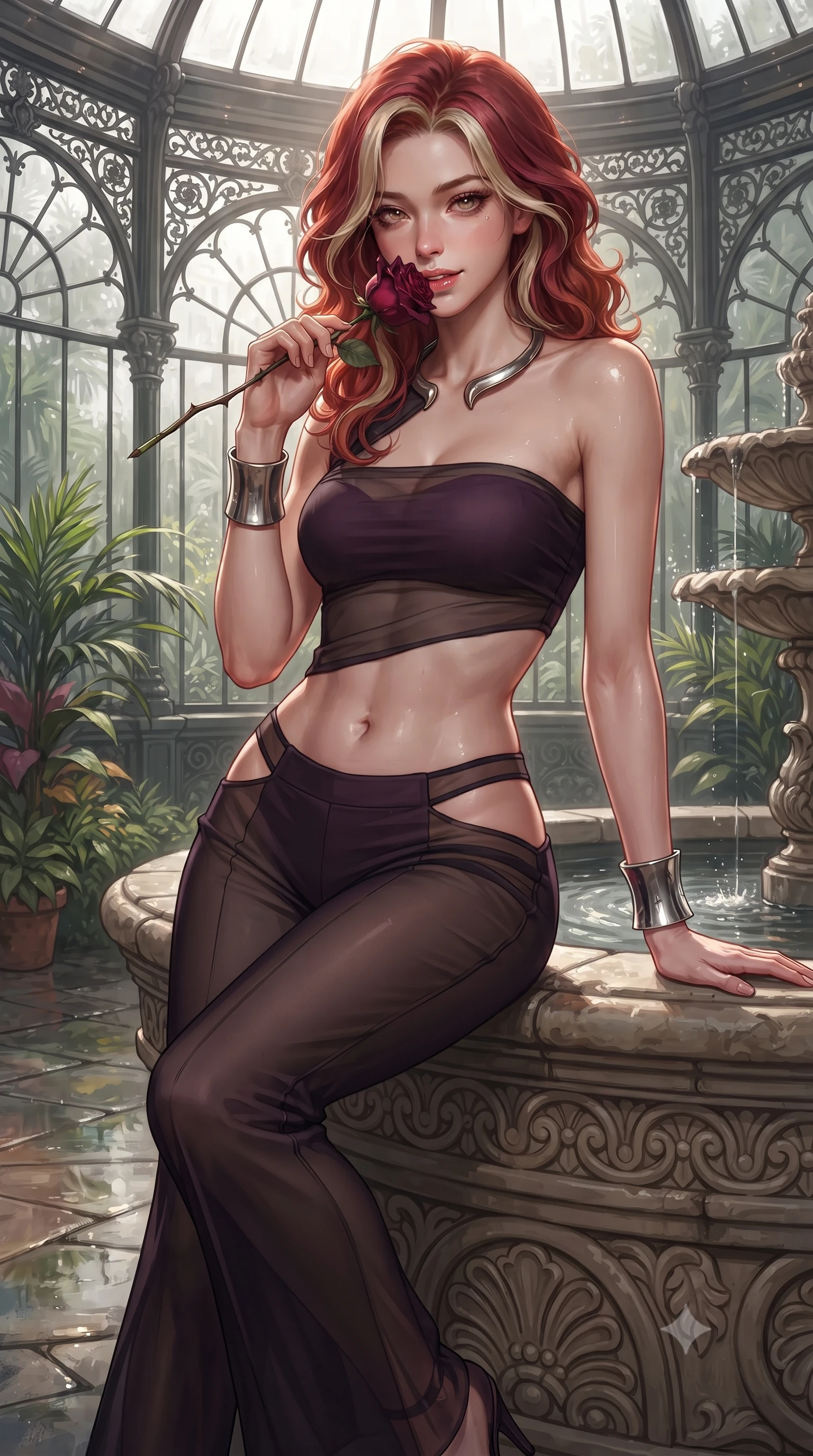 score_9, masterpiece, best quality, ultra-detailed, high-budget anime keyframe, editorial fashion photography, tasteful artistic composition, Caucasian woman. close-up cowboy shot from the waist and thighs up, the character dominates the composition, filling the frame with her large presence. leaning forward while arching her lower back to accentuate her curvy hips, looking into the camera with an intoxicating smoldering gaze and bedroom-eyes while sitting perched on the carved stone fountain rim with legs crossed, holding a thorny deep-red rose near her parted glossy lips. The surrounding environment is rendered in vivid detail and crisp panoramic clarity: detailed sheer black lace bodice weave, glistening skin highlights, and Victorian conservatory architecture in high resolution. She has an exceptionally elegant, slender, and willowy female figure with an ultra-slim waist, flat toned midriff, narrow ribcage, and sculpted feminine hips creating an alluring, slim hourglass silhouette without bulk. sharp v-shaped jawline, high-bridge nose, sparkling eyes with hypnotic seductive depth, thick curled eyelashes, glossy parted lips with a natural dewy peach sheen, alluring bedroom-eyes with an enchanting coquettish smile, exuding magnetic siren charisma and sophisticated glamour, flawlessly proportioned anatomical accuracy, strict slender model proportions, natural body alignment, perfectly sculpted long slender limbs, ultra-slim waistline, clean dynamic posture without body distortion. wearing a form-contouring one-shoulder minimalist bandeau top paired with low-rise tailored trousers with sheer hip cutouts in dark plum violet and gilded bronze with sheer obsidian overlays, made of sheer gossamer chiffon that drapes softly against skin with airy translucence, finished with a sculptural silver torque collar and a matching wide architectural wrist cuff, the glove-like clinging cut tightly following the natural contour of her hips and long slender legs with youthful 8.5-heads elegance. illuminated by wet stone floor reflections and sharp platinum rim lights defining her delicate clavicles, ultra-slim waist, and curvy hips. ultra-reflective glossy finish, specular highlights, rich textural contrasts, high-contrast stereoscopic depth, volumetric dynamic lighting, 2k, ultra detail, master piece, 9:16 ratio