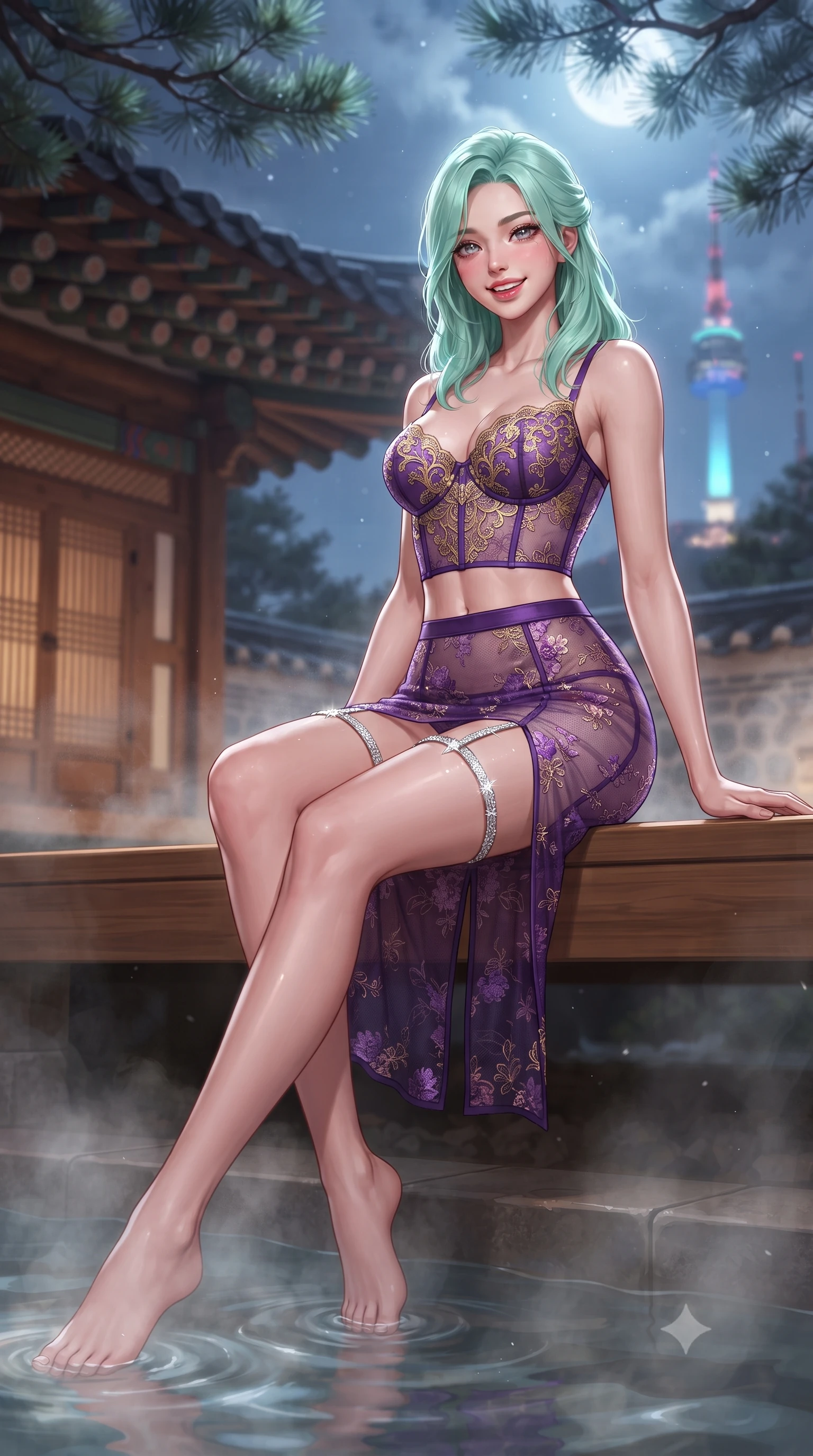 score_9, masterpiece, best quality, ultra-detailed, high-budget anime keyframe, editorial fashion photography, tasteful artistic composition, Japanese woman. low angle full-body shot from head to toe showing her feet, filling the entire 9:16 vertical frame with her statuesque presence, stretching her vertical silhouette. lounging on the lavish daybed with legs crossed and hips angled toward the camera, displaying her toned midriff and long slender limbs with effortless siren poise while sitting perched on the deck edge with legs dipped in thermal water, flashing a radiant, playful smile with parted glossy lips. The background shows a soft-focus traditional wooden pavilion eaves softened in tranquil urban mountain sanctuary shallow focus. She has an exceptionally tall and slender model-like 8.5-heads proportion, an ultra-slim waist, a flat toned midriff, narrow delicate ribcage, and beautifully sculpted feminine hips creating a graceful, slim hourglass silhouette without any bulky heaviness, with impossibly long slender legs. sharp v-shaped jawline, high-bridge nose, intricate jewel-like sparkling eyes with depth, thick eyelashes, glossy parted lips with a natural peach sheen, bright cheerful beaming smile with an enchanting and coquettish sensual glint, exuding both youthful cute charm and seductive allure, flawlessly proportioned anatomical accuracy, strict slender model proportions, natural body alignment, perfectly sculpted long slender limbs, ultra-slim waistline, clean dynamic posture without body distortion. wearing a sculpted underwire corset in sheer stretch lace paired with a high-waisted sheer mesh pencil skirt with back slit in rich royal amethyst purple and gilded filigree, made of delicate embroidered tulle lace with intricate floral motifs and soft transparency, finished with delicate crystal-encrusted thigh garter straps glinting in the dim light, the liquid-tight tailored fabric clinging flawlessly to her narrow waist and rounded feminine hips, emphasizing every millimeter of her sculpted slim hourglass curves without any bulky heaviness. bathed in cool silver moonlight filtering through pine branches combined with the colorful beacon glow of Seoul Tower. ultra-reflective glossy finish, specular highlights, rich textural contrasts, high-contrast stereoscopic depth, volumetric dynamic lighting, 2k, ultra detail, master piece, 9:16 ratio