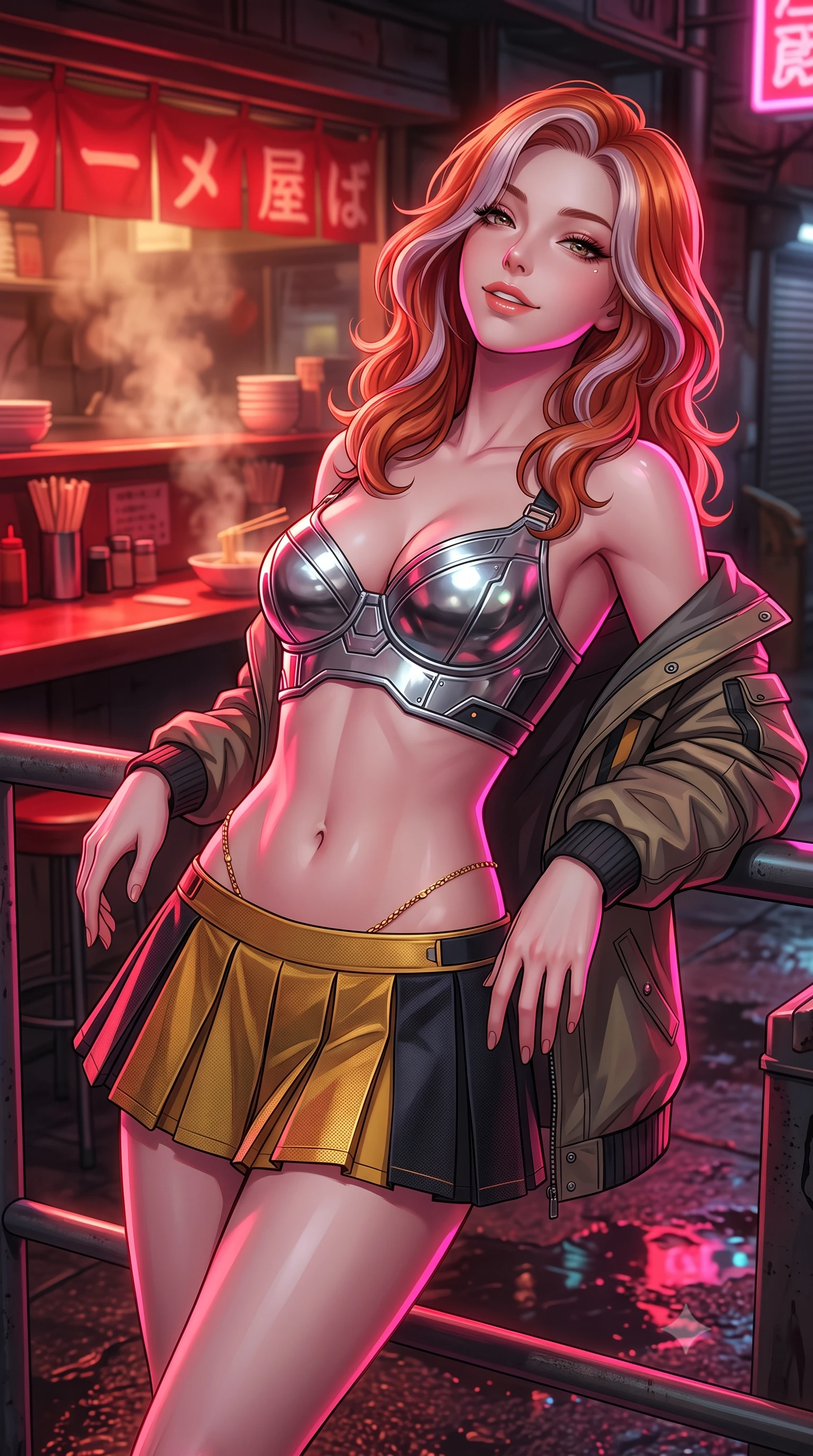 score_9, masterpiece, best quality, ultra-detailed, high-budget anime keyframe, semi-realistic 3D game render, editorial fashion photography, tasteful artistic composition, Caucasian woman. close-up cowboy shot from the waist and thighs up, the character dominates the composition, filling the frame with her large presence. leaning back against the balustrade with relaxed seductive grace, head tilted back slightly while casting a hypnotic, heavy-lidded gaze while twisting her slender torso in an alluring S-curve beside the red-lit noodle bar counter, neon reflections and warm steam tracing her flat midriff and hips. The surrounding environment is rendered in vivid detail and crisp panoramic clarity: detailed tactical jacket tailoring, vibrant anime shading, and gritty subterranean urban craft in razor-sharp precision. She has an exceptionally elegant, slender, and willowy female figure with an ultra-slim waist, flat toned midriff, narrow ribcage, and sculpted feminine hips creating an alluring, slim hourglass silhouette without bulk. sharp v-shaped jawline, high-bridge nose, intricate jewel-like sparkling eyes with depth, thick eyelashes, glossy parted lips with a natural peach sheen, bright cheerful beaming smile with an enchanting and coquettish sensual glint, exuding both youthful cute charm and seductive allure, flawlessly proportioned anatomical accuracy, strict slender model proportions, natural body alignment, perfectly sculpted long slender limbs, ultra-slim waistline, clean dynamic posture without body distortion. wearing a chrome-plated tactical combat bustier top with reinforced underwire paired with a low-rise pleated micro combat skirt in solar-wind gold and deep space void black, tailored from high-density tech-wool with subtle metallic thread weave, accented with a dainty gold belly chain resting across her flat midriff and curving hips, the second-skin tailored fabric adhering flawlessly to her sculpted flat midriff and slender torso, emphasizing her long leg lines and perfectly proportioned willowy build. illuminated by puddle reflection bounce and sharp neon-pink rim lights sculpting her jawline, narrow waist, and curvy hips. highly saturated vibrant anime colors, detailed shading with soft gradients, rich glossy textures, high-contrast stereoscopic depth, volumetric dynamic lighting, master piece, 9:16 ratio