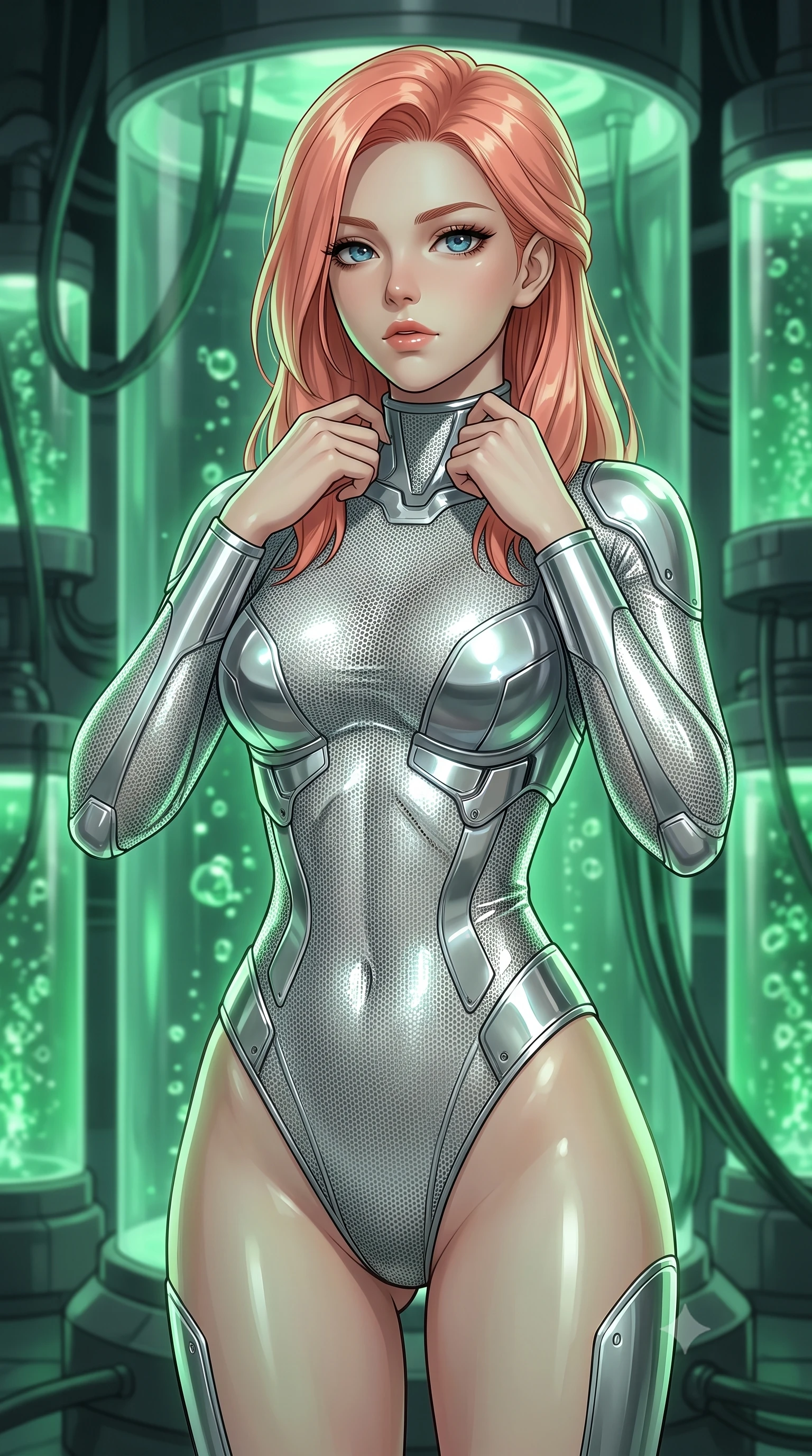 score_9, masterpiece, best quality, ultra-detailed, high-budget anime keyframe, editorial fashion photography, tasteful artistic composition, Japanese woman. close-up cowboy shot from the waist and thighs up, the character dominates the composition, filling the frame with her large presence, background elements kept in soft focus. adjusting the high collar of her body-hugging suit, looking past the camera with quiet, sharp focus and a composed expression, the background shows a soft-focus a glass cylinder room with tubes containing green fluid and nanite cultures. She has an exceptionally elegant, slender, and willowy female figure with an ultra-slim waist, a gracefully sculpted slender torso, and a refined silhouette. sharp v-shaped jawline, high-bridge nose, intricate jewel-like eyes with depth, thick eyelashes, glossy lips with a natural sheen. wearing a form-contouring delicate silver nano-mesh bodysuit with strategically placed chrome armor plate guards covering key curves. soft green bioluminescent light from the tubes casting an eerie, high-contrast glow. ultra-reflective glossy finish, specular highlights, metallic sheen, high-contrast stereoscopic depth, volumetric dynamic lighting, 2k, ultra detail, master piece, 9:16 ratio