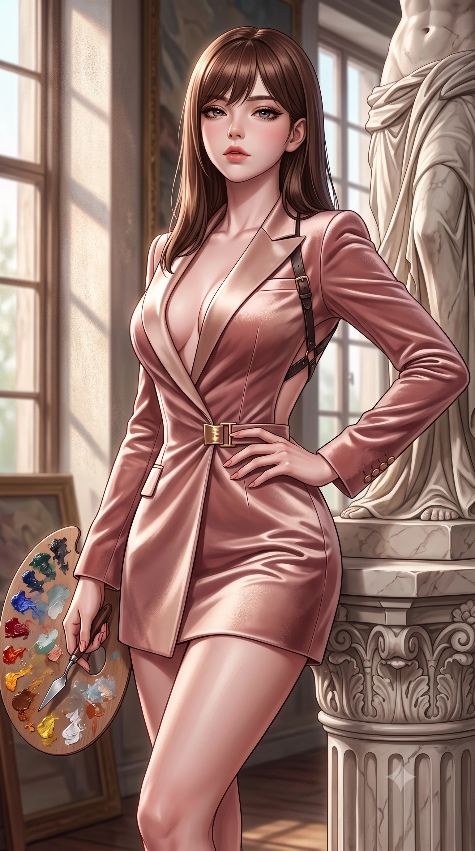 score_9, masterpiece, best quality, ultra-detailed, high-budget anime keyframe, semi-realistic 3D game render, editorial fashion photography, tasteful artistic composition, Korean woman. close-up cowboy shot from the waist and thighs up, the character dominates the composition, filling the frame with her large presence. tilting her chin up with proud, sovereign allure while gazing through thick eyelashes, one hand resting on her waist in pure supermodel charisma while leaning against a carved marble statue pedestal with hips cocked, holding a painter's palette while casting an alluring bedroom-gaze. The surrounding environment is rendered in vivid detail and crisp panoramic clarity. detailed silk dress drape folds, artist palette knife details, and window light gradients in high resolution. She has an exceptionally elegant, slender, and willowy female figure with an ultra-slim waist, flat toned midriff, narrow ribcage, and sculpted feminine hips creating an alluring, slim hourglass silhouette without bulk. sharp v-shaped jawline, high-bridge nose, intricate jewel-like eyes with depth, thick eyelashes, glossy parted lips with a natural sheen, intensely captivating and seductive bedroom-eyes expression, flawlessly proportioned anatomical accuracy, strict slender model proportions, natural body alignment, perfectly sculpted long slender limbs, ultra-slim waistline, clean dynamic posture without body distortion. wearing a tailored velvet tuxedo jacket dress with satin lapels, worn with a deep plunge neckline and gold hip buckle in dusky blush rose and champagne shimmer, tailored from ultra-smooth duchess satin with a pearlescent sheen, featuring an open-back criss-cross harness strap in dark leather, the liquid-tight tailored fabric clinging flawlessly to her narrow waist and rounded feminine hips, emphasizing every millimeter of her sculpted slim hourglass curves without any bulky heaviness. illuminated by crisp sculptural key lighting carving her narrow waist, curved hips, and statuesque limbs. highly saturated vibrant anime colors, detailed shading with soft gradients, rich glossy textures, high-contrast stereoscopic depth, volumetric dynamic lighting, master piece, 9:16 ratio