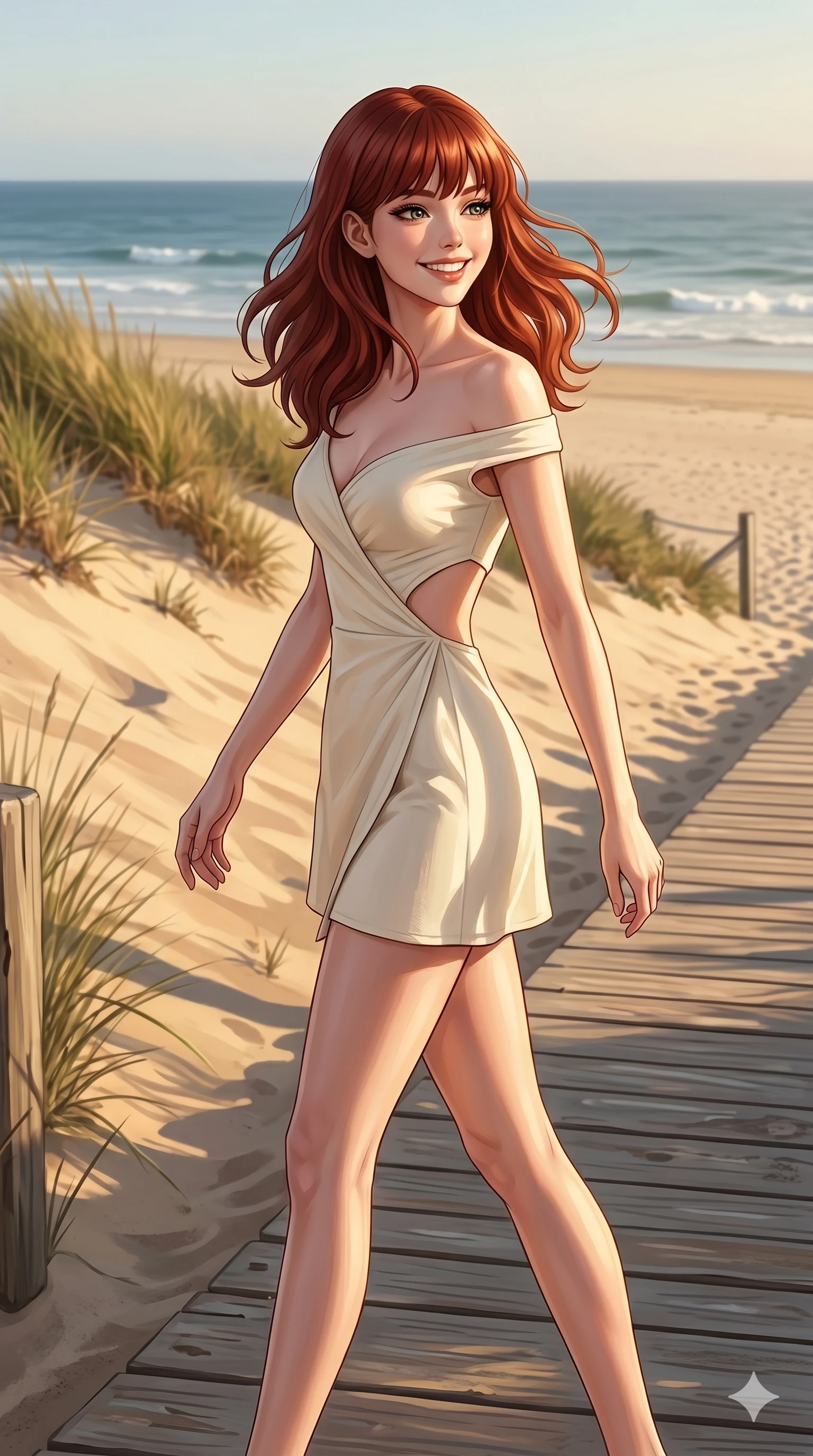 score_9, masterpiece, best quality, ultra-detailed, high-budget anime keyframe, editorial fashion photography, tasteful artistic composition, Caucasian woman, strictly human ears. cowboy shot from the thighs up, character and outfit filling the frame for maximum editorial presence. turning around with a bright, happy grin, her hair waving in the warm coastal breeze walking on a wooden boardwalk along a sun-kissed sand dune near the beach. She has an absolutely perfect 8-heads proportion, an exceptionally tall and slender female figure with impossibly long slender legs and an ultra-slim waist. V-shaped jawline, high-bridge nose, intricate jewel-like eyes with depth, thick eyelashes, glossy lips with a natural sheen. wearing a micro-length cream cotton wrap dress with a tasteful side cutout and bare shoulders. bathed in warm afternoon sunbeams casting long, soft shadows and highlighting her slender waist. 2k, ultra detail, master piece, 9:16 ratio