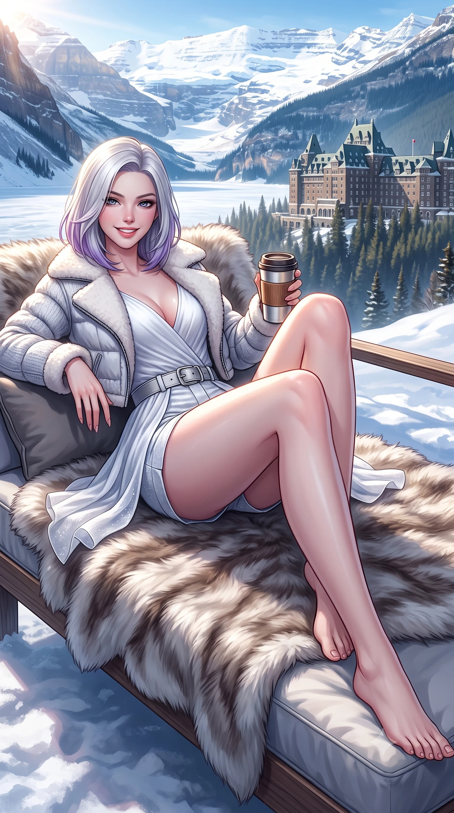 score_9, masterpiece, best quality, ultra-detailed, high-budget anime keyframe, semi-realistic 3D game render, editorial fashion photography, tasteful artistic composition, Caucasian woman. low angle full-body shot from head to toe showing her feet, filling the entire 9:16 vertical frame with her statuesque presence, stretching her vertical silhouette. reclining languidly on her side across the fur-draped daybed with one knee drawn up, her radiant smile and arched hip curve commanding the 9:16 vertical frame with youthful sensual charisma while lounging gracefully on an outdoor stone bench with legs crossed, holding a warm thermos mug while casting a captivating bedroom-gaze. The surrounding environment is rendered in vivid detail and crisp panoramic clarity. detailed wool knit texture, sunburst highlights on hair, and iconic castle-hotel architecture in razor-sharp precision. She has an exceptionally tall and slender model-like 8.5-heads proportion, an ultra-slim waist, a flat toned midriff, narrow delicate ribcage, and beautifully sculpted feminine hips creating a graceful, slim hourglass silhouette without any bulky heaviness, with impossibly long slender legs. sharp v-shaped jawline, high-bridge nose, sparkling ice-crystal eyes with depth, frosty thick lashes, glossy parted lips with a rosy berry sheen, bright playful smile with an intoxicating seductive glint, rosy flushed cheeks radiating cozy warmth and dangerous allure, flawlessly proportioned anatomical accuracy, strict slender model proportions, natural body alignment, perfectly sculpted long slender limbs, ultra-slim waistline, clean dynamic posture without body distortion. wearing a cropped shearling-lined puffer jacket worn over a tight plunge camisole and tailored hot-pants in pure snowflake white and icy silver shimmer, woven from layered gossamer chiffon with ethereal weightless flutter, accented with a sleek leather belt with polished silver buckle cinching her narrow waist, the form-fitting cut adhering flawlessly to her sculpted flat midriff and slender torso, emphasizing her long leg lines and perfectly proportioned willowy build. bathed in brilliant Canadian mountain sunlight reflecting off the vast frozen glacier basin. highly saturated vibrant anime colors, detailed shading with soft gradients, rich glossy textures, high-contrast stereoscopic depth, volumetric dynamic lighting, master piece, 9:16 ratio