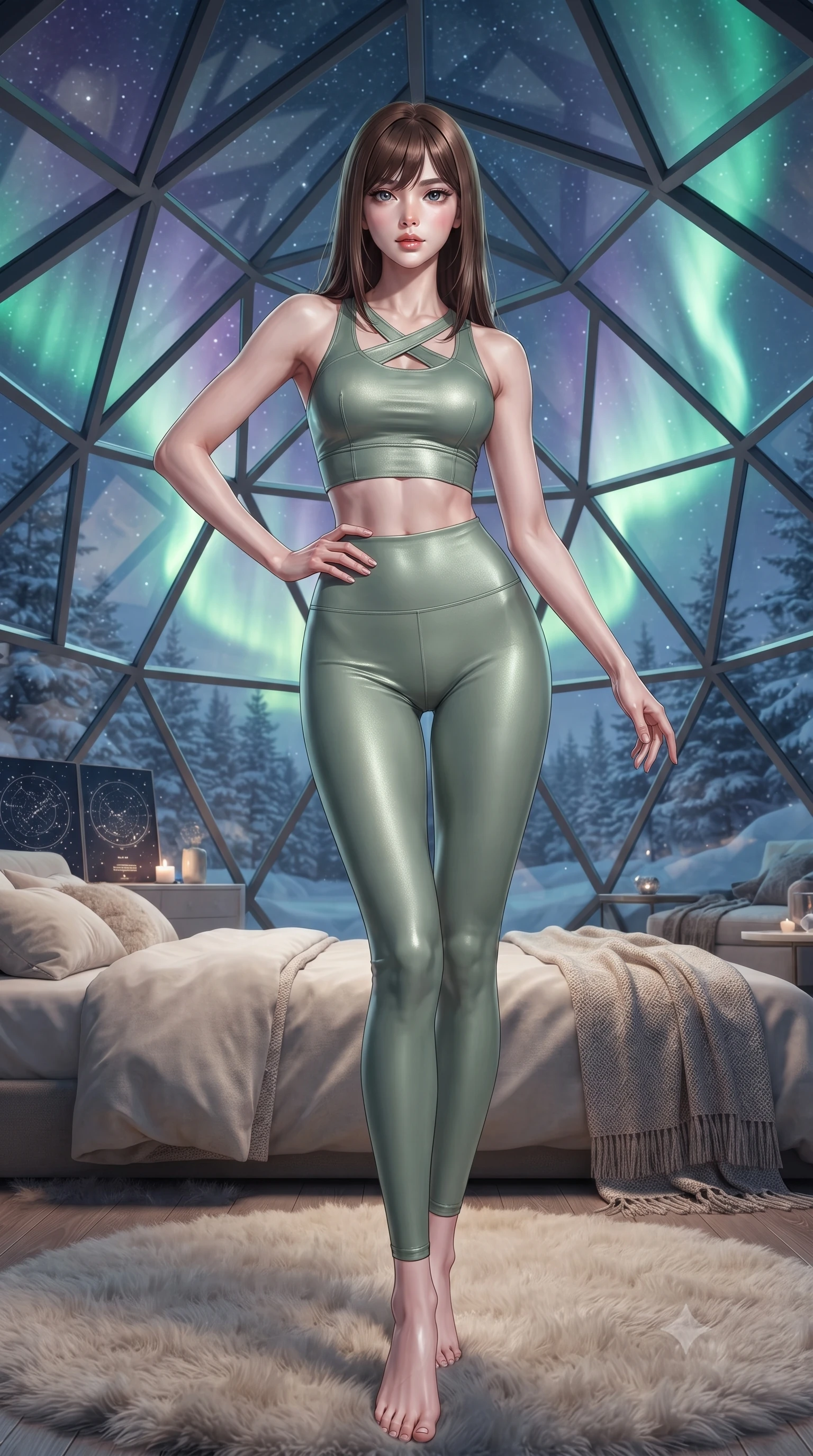 score_9, masterpiece, best quality, ultra-detailed, high-budget anime keyframe, editorial fashion photography, tasteful artistic composition, Korean woman woman. low angle full-body shot from head to toe showing her feet, filling the entire 9:16 vertical frame with her statuesque presence, stretching her vertical silhouette. posing confidently with one hand on her hip, stretching her statuesque body to emphasize her curves the background shows a soft-focus a geodesic glass dome bedroom in a snowy forest, looking at stars and aurora. She has an absolutely perfect, statuesque 8.5-heads proportion, an exceptionally tall and slender model-like female figure with impossibly long slender legs and an ultra-slim waist. sharp v-shaped jawline, high-bridge nose, intricate jewel-like eyes with depth, thick eyelashes, glossy lips with a natural sheen. wearing a slim-fit form-fitting activewear set of a tailored cross-back crop top and matching tight leggings in sage green. soft green and violet aurora polaris curtains wrapping the room in celestial glow. ultra-reflective glossy finish, specular highlights, metallic sheen, high-contrast stereoscopic depth, volumetric dynamic lighting, 2k, ultra detail, master piece, 9:16 ratio