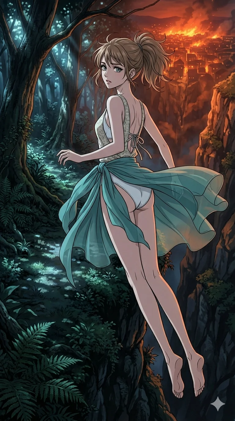 score_9, masterpiece, best quality, ultra-detailed, high-budget anime movie keyframe, cinematic anime lighting, intricate line art, Caucasian (strictly human ears) anime girl. Extreme high angle shot as she leaps towards the camera, filling the frame. looking back at a burning city as she walks into the dark forest. She has an absolutely perfect 8-heads proportion, an exceptionally tall and slender female figure with an ultra-slim waist and impossibly long slender legs. strictly human anatomy, two legs only, no extra limbs, clearly defined legs and arms, perfect anatomy, perfect hands and fingers. sharp v-shaped jawline, high-bridge nose, intricate jewel-like eyes, thick eyelashes, glossy lips. Wearing Seasonal/Resort: High-cut one-piece with sarong, linen sundress with tie-back, and sheer fabric wrap. The scene is illuminated by dramatic atmospheric lighting and vibrant color palettes. , 2k, ultra detail, master piece, 9:16 ratio