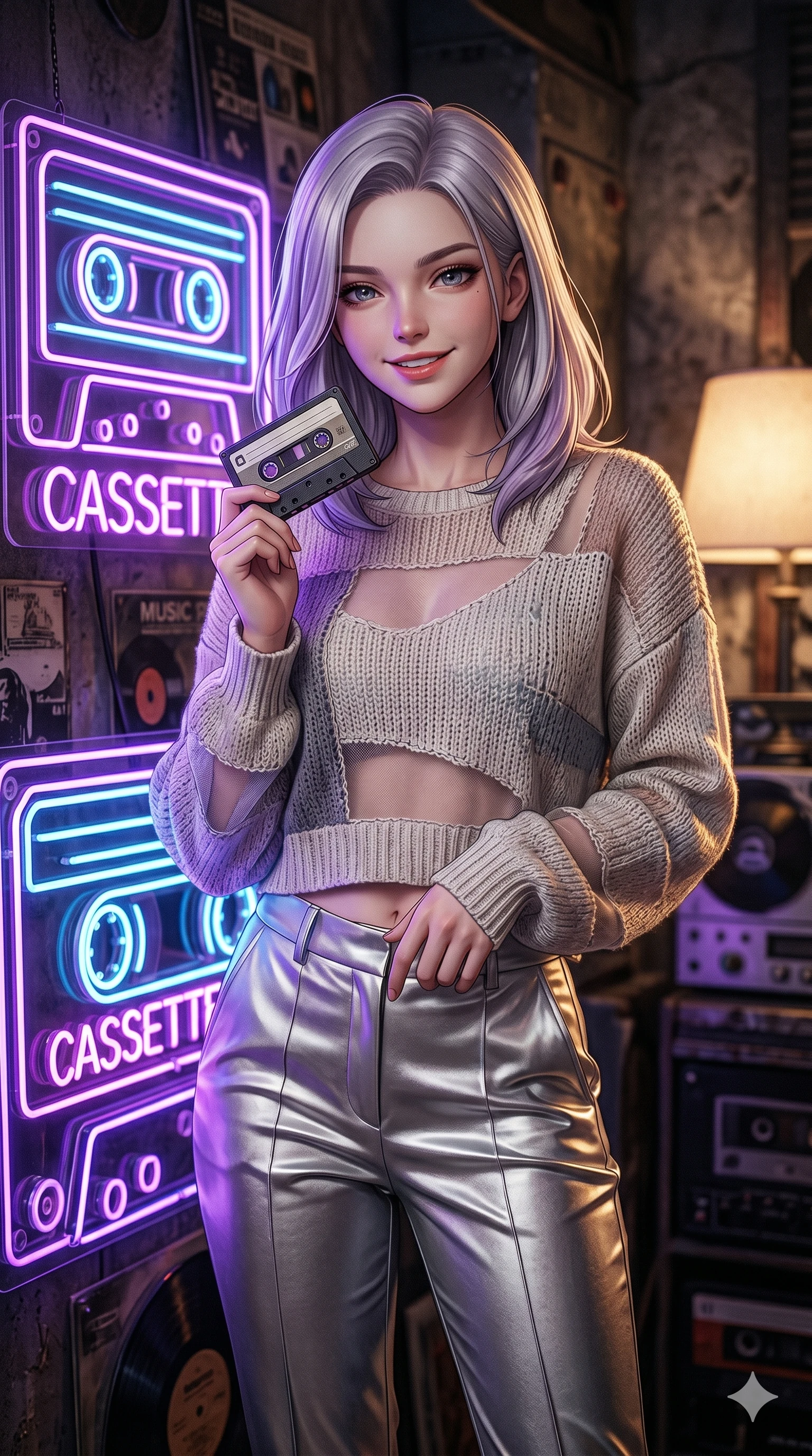 score_9, masterpiece, best quality, ultra-detailed, high-budget anime keyframe, editorial fashion photography, tasteful artistic composition, Caucasian woman, strictly human ears. Upper body close-up from the thighs up, character filling the screen for maximum presence. Standing next to a retro neon cassette sign in a studio, holding a cassette tape, looking towards the camera with a nostalgic smile. She is wearing a comfortable cropped sweater with sheer panels and silver trousers. The scene is lit by a warm lamp and the purple glow of the neon cassette sign. 2k, ultra detail, master piece, 9:16 ratio