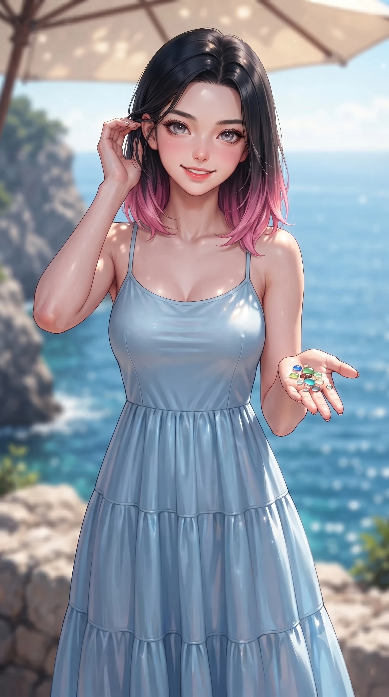 score_9, masterpiece, best quality, ultra-detailed, high-budget anime keyframe, editorial fashion photography, tasteful artistic composition, Korean woman. close-up cowboy shot from the waist and thighs up, the character dominates the composition, filling the frame with her large presence, background elements kept in soft focus. smiling cutely while gently brushing a strand of hair behind her ear set against a soft-focus background of on a rocky coastal cliff lookout with views of the vast blue ocean with a small collection of pretty sea glass pebbles held in her palm. She has an exceptionally elegant, slender, and willowy female figure with an ultra-slim waist, a gracefully sculpted slender torso, and a refined silhouette. sharp v-shaped jawline, high-bridge nose, intricate jewel-like eyes with depth, thick eyelashes, glossy lips with a natural sheen. wearing form-contouring lovely tiered maxi dress in baby blue, featuring a relaxed silhouette. dappled sunlight filtering through a beach umbrella onto her shoulders. ultra-reflective glossy finish, specular highlights, metallic sheen, high-contrast stereoscopic depth, volumetric dynamic lighting, 2k, ultra detail, master piece, 9:16 ratio