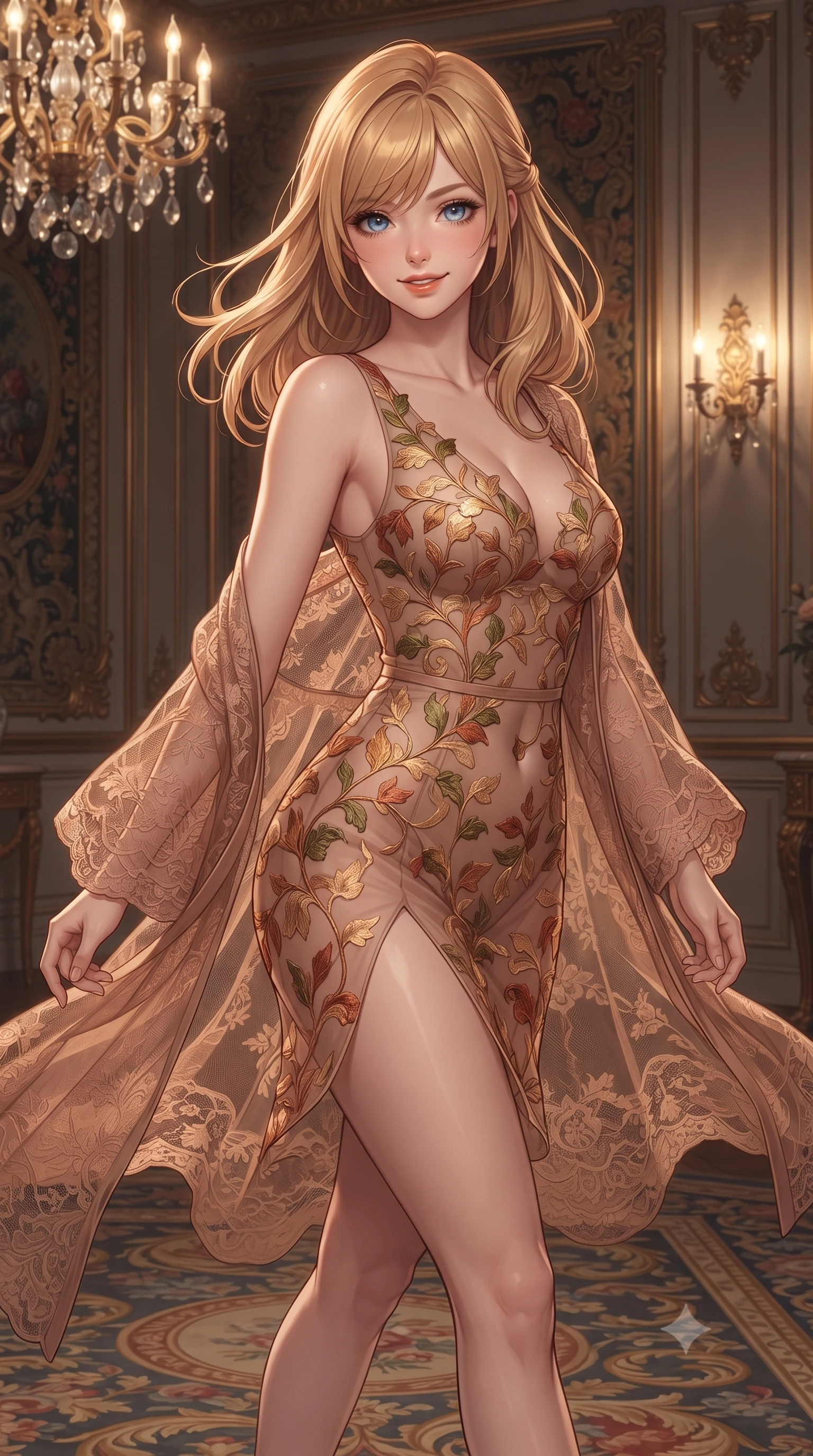 score_9, masterpiece, best quality, ultra-detailed, high-budget anime keyframe, editorial fashion photography, tasteful artistic composition, Caucasian woman. close-up cowboy shot from the waist and thighs up, the character dominates the composition, filling the frame with her large presence. turning slowly with an enchanting smoldering smile, her glossy hair tossing in the breeze as her hips angle gracefully in a captivating contrapposto while walking slowly across the Aubusson rug with confident model strides, her sheer lace boudoir robe billowing around her slender legs. The surrounding environment is rendered in vivid detail and crisp panoramic clarity: sharp hand-carved gilded acanthus leaf moldings, hand-woven Aubusson tapestry motifs, and crystal drop prisms in deep focus. She has an exceptionally elegant, slender, and willowy female figure with an ultra-slim waist, flat toned midriff, narrow ribcage, and sculpted feminine hips creating an alluring, slim hourglass silhouette without bulk. sharp v-shaped jawline, high-bridge nose, intricate jewel-like sparkling eyes with depth, thick eyelashes, glossy parted lips with a natural peach sheen, bright cheerful beaming smile with an enchanting and coquettish sensual glint, exuding both youthful cute charm and seductive allure, flawlessly proportioned anatomical accuracy, strict slender model proportions, natural body alignment, perfectly sculpted long slender limbs, ultra-slim waistline, clean dynamic posture without body distortion. wearing a provocative sheer illusion mesh botanical dress with embroidered climbing ivy ribbons contouring her curves in warm cinnamon silk and burnished gold, woven from stretch metallic lurex jersey casting radiant starlight glints across her curves, finished with delicate crystal-encrusted thigh garter straps glinting in the dim light, the form-contouring silhouette accentuating her sculpted flat midriff, narrow delicate ribcage, and gracefully curvy hips with intoxicating allure. bathed in dim 2700K incandescent chandelier spill and soft gilded wall sconce glows. ultra-reflective glossy finish, specular highlights, rich textural contrasts, high-contrast stereoscopic depth, volumetric dynamic lighting, 2k, ultra detail, master piece, 9:16 ratio