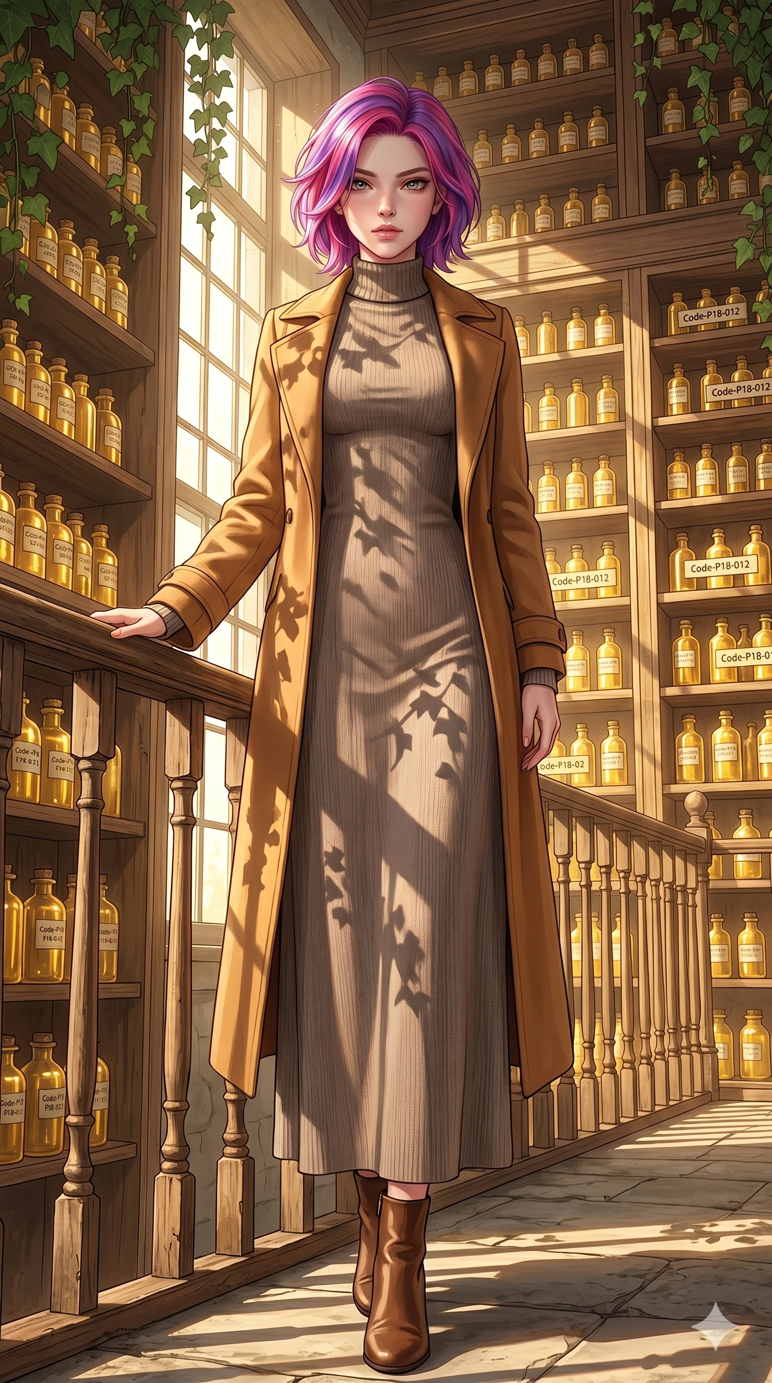 score_9, masterpiece, best quality, ultra-detailed, high-budget anime keyframe, editorial fashion photography, tasteful artistic composition, Caucasian woman, strictly human ears. low angle full-body shot from head to toe showing her feet, filling the entire 9:16 vertical frame with her statuesque presence, stretching her vertical silhouette. resting one hand on the wooden railing, casting a bedroom-eyes gaze directly at the camera inside an alchemist's archive room filled with shelves of glowing gold vials (Code-P18-012). She has an absolutely perfect 8-heads proportion, an exceptionally tall and slender female figure with impossibly long slender legs and an ultra-slim waist. V-shaped jawline, high-bridge nose, intricate jewel-like eyes with depth, thick eyelashes, glossy lips with a natural sheen. wearing a long-sleeved high-neck knit maxi dress with a warm wool coat. drenched in brilliant afternoon sunshine, casting shadows of hanging ivy leaves over her form. 2k, ultra detail, master piece, 9:16 ratio