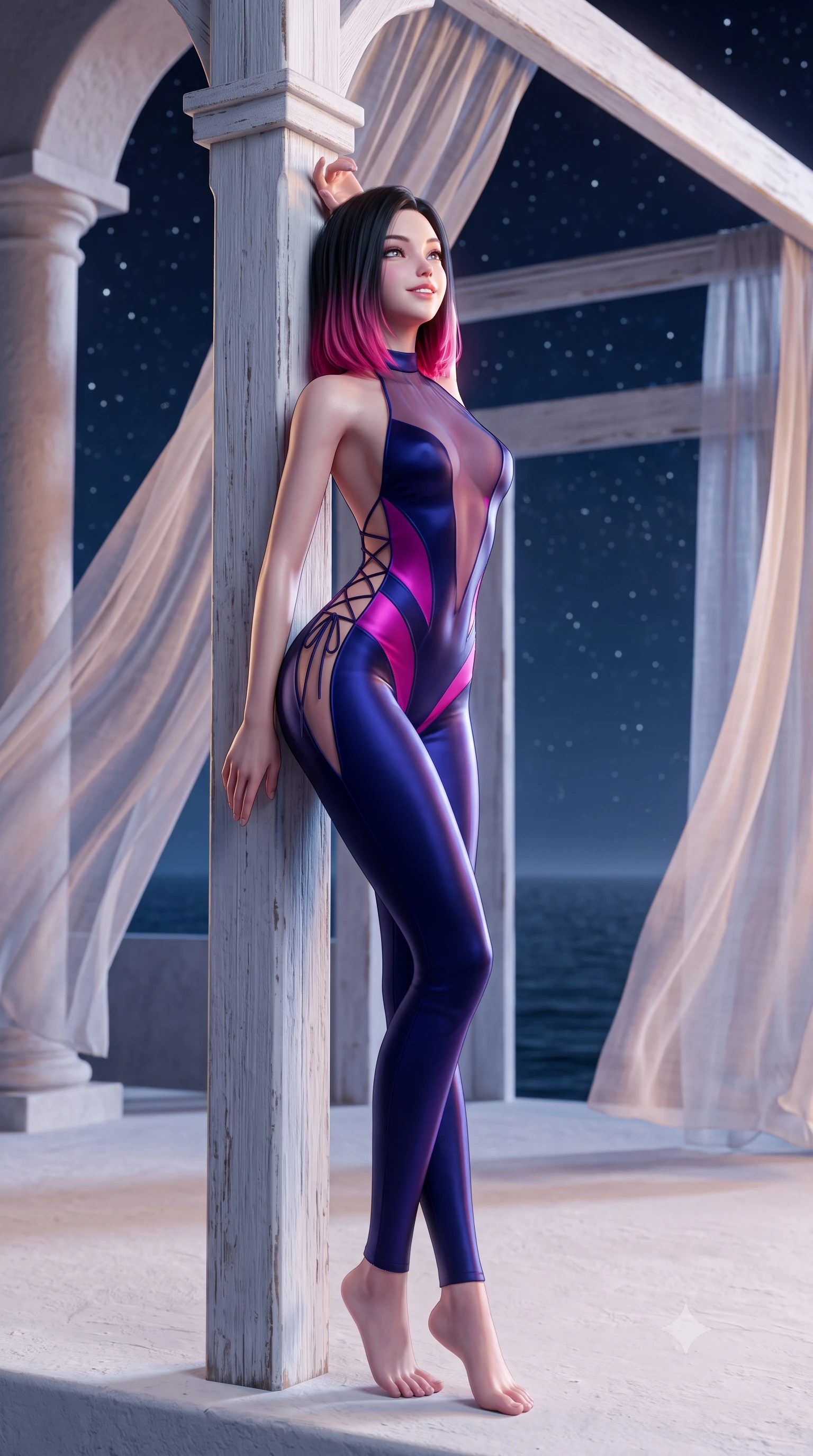 score_9, masterpiece, best quality, ultra-detailed, high-budget anime keyframe, semi-realistic 3D game render, editorial fashion photography, tasteful artistic composition, Korean woman. low angle full-body shot from head to toe showing her feet, filling the entire 9:16 vertical frame with her statuesque presence, stretching her vertical silhouette. standing tall beside the architectural column, one hand resting high while arching her lower back to emphasize her sculpted feminine hips and slender waist while leaning against the whitewashed canopy post with hips cocked back, looking into the vast starry sky with heavy-lidded bedroom-eyes. The background shows a soft-focus billowing sheer linen draperies softened in ethereal Mediterranean heaven retreat shallow focus. She has an exceptionally tall and slender model-like 8.5-heads proportion, an ultra-slim waist, a flat toned midriff, narrow delicate ribcage, and beautifully sculpted feminine hips creating a graceful, slim hourglass silhouette without any bulky heaviness, with impossibly long slender legs. sharp v-shaped jawline, high-bridge nose, intricate jewel-like sparkling eyes with depth, thick eyelashes, glossy parted lips with a natural peach sheen, bright cheerful beaming smile with an enchanting and coquettish sensual glint, exuding both youthful cute charm and seductive allure, flawlessly proportioned anatomical accuracy, strict slender model proportions, natural body alignment, perfectly sculpted long slender limbs, ultra-slim waistline, clean dynamic posture without body distortion. wearing a provocative backless sheer illusion halter catsuit with strategic opaque geometric panels hugging her hourglass waist in Huangpu midnight sapphire and neon magenta, crafted from fluid liquid silk satin that clings smoothly to her narrow waist and rounded hips with a dewy sheen, featuring fine criss-cross lace-up side ties revealing tantalizing glimpses of her hip curve, the precision-cut side openings and low-back scoop framing her graceful spine and the sensual sweep of her slim, toned hips. illuminated by white stucco bounce fill and sharp starlight-platinum rim lights defining her dewy collarbones, ultra-slim waist, and curvy hips. highly saturated vibrant anime colors, detailed shading with soft gradients, rich glossy textures, high-contrast stereoscopic depth, volumetric dynamic lighting, master piece, 9:16 ratio