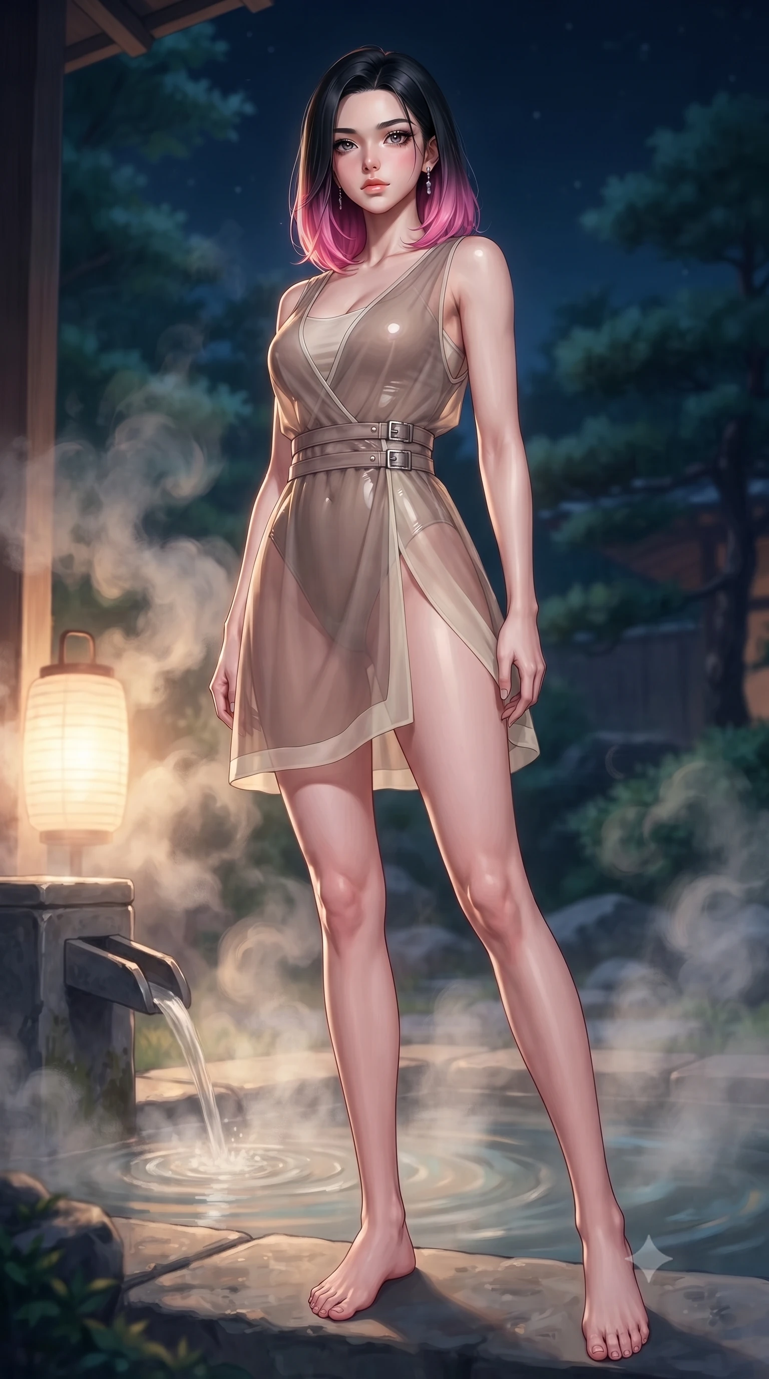 score_9, masterpiece, best quality, ultra-detailed, high-budget anime keyframe, editorial fashion photography, tasteful artistic composition, Korean woman. low angle full-body shot from head to toe showing her feet, filling the entire 9:16 vertical frame with her statuesque presence, stretching her vertical silhouette. navigating the luminous space with effortless poise, displaying her perfect model proportions standing near a stone water spout with gentle steam rising in a moonlit Japanese garden, swirling thermal steam clouds scattering soft golden lantern light. She has an absolutely perfect, statuesque 8.5-heads proportion, an exceptionally tall and slender model-like female figure with impossibly long slender legs and an ultra-slim waist. sharp v-shaped jawline, high-bridge nose, intricate jewel-like eyes with depth, thick eyelashes, glossy lips with a natural sheen. wearing a semi-opaque sheer overlay dress over a leather micro-bodysuit in muted taupe and soft ivory, tailored from high-gloss patent leather, detailed with polished silver buckles along the waistline, the elegant draped fit framing her graceful clavicle and slender torso. surrounded by a tranquil, spa-like aura with soft specular highlights. highly saturated vibrant anime colors, detailed shading with soft gradients, rich glossy textures, high-contrast stereoscopic depth, volumetric dynamic lighting, master piece, 9:16 ratio