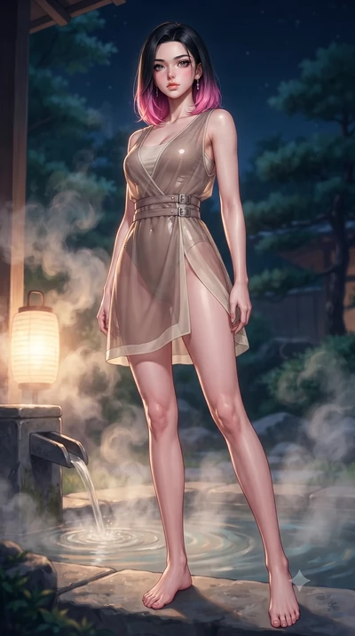 score_9, masterpiece, best quality, ultra-detailed, high-budget anime keyframe, editorial fashion photography, tasteful artistic composition, Korean woman. low angle full-body shot from head to toe showing her feet, filling the entire 9:16 vertical f