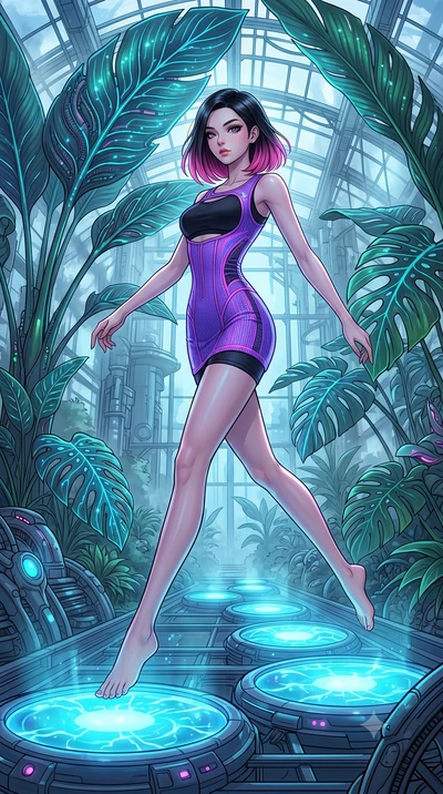 score_9, masterpiece, best quality, ultra-detailed, High-budget Anime Keyframe, East Asian woman. Dynamic full-body shot stretching the vertical silhouette to the limit. Scenario 500: stepping across glowing azure stones in a cybernetic greenhouse fi