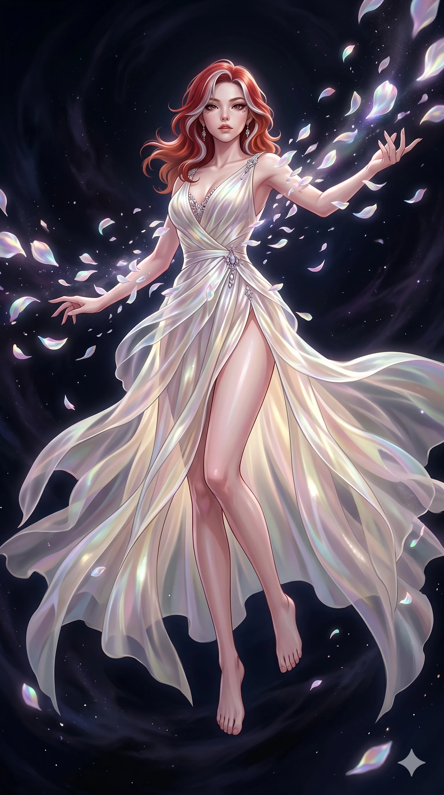 score_9, masterpiece, best quality, ultra-detailed, High-budget Anime Keyframe, East Asian woman. Low angle cowboy shot filling the entire 9:16 frame with her statuesque presence. Scenario 271: Dissolving into a cloud of iridescent silk petals in a void. Her presence is magnetic and overpowering in this high-budget anime scene. Outfit 271: A shimmering chiffon dangerous with a thigh-high slit and translucent layers. The clothing is designed to emphasize her exceptionally tall and slender 8-heads proportion. 8-heads proportion, towering silhouette, ultra-slim waist. sharp v-shaped jawline, intricate jewel-like eyes with depth, thick eyelashes, glossy lips. 2k, ultra detail, master piece, 9:16 ratio