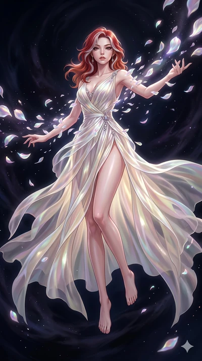 score_9, masterpiece, best quality, ultra-detailed, High-budget Anime Keyframe, East Asian woman. Low angle cowboy shot filling the entire 9:16 frame with her statuesque presence. Scenario 271: Dissolving into a cloud of iridescent silk petals in a v
