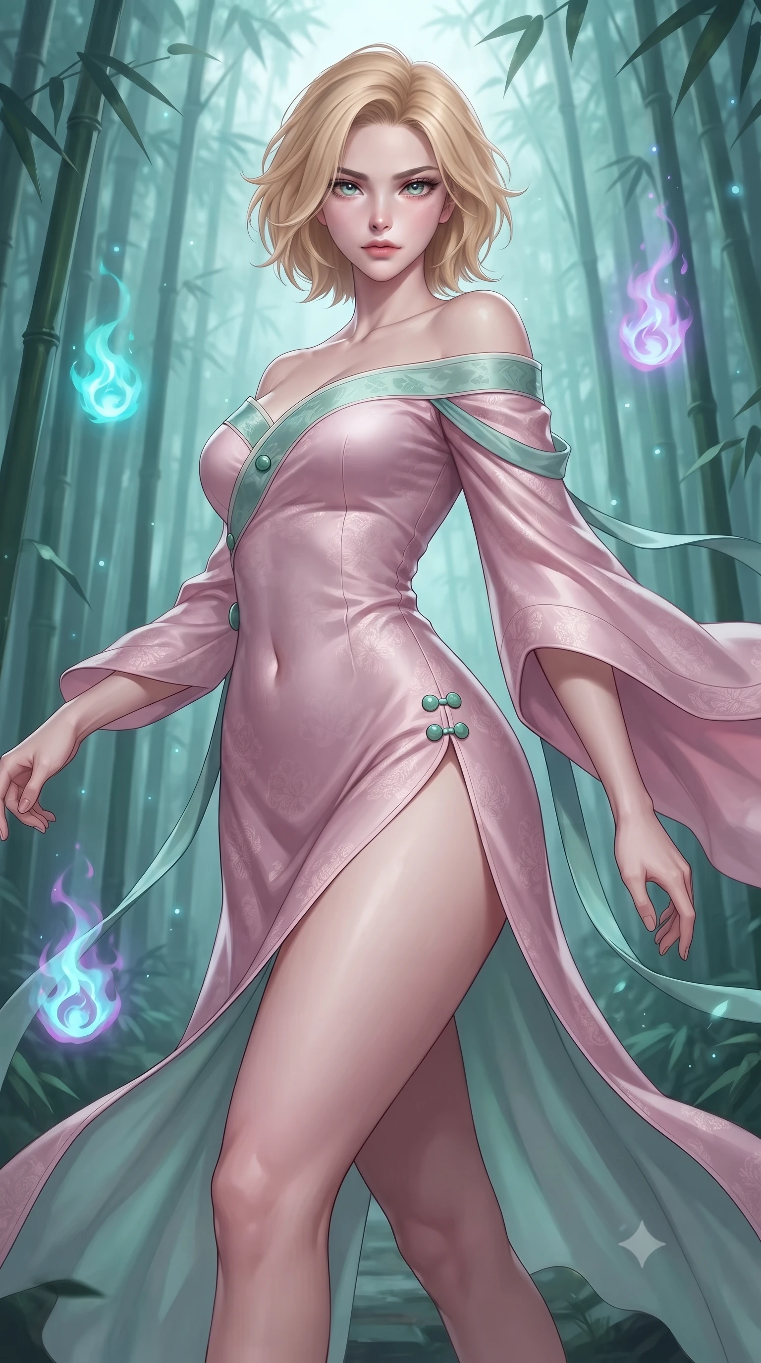 score_9, masterpiece, best quality, ultra-detailed, high-budget anime keyframe, editorial fashion photography, tasteful artistic composition, Caucasian woman. close-up cowboy shot from the waist and thighs up, the character dominates the composition, filling the frame with her large presence. radiating intense magnetic charisma with jewel-like eyes locked onto the viewer, her upper body turning in a dynamic, fluid S-curve while gliding silently through a dense, mist-veiled bamboo forest illuminated by floating cyan and amethyst will-o'-the-wisp spirit flames. The composition keeps background elements in soft focus with creamy bokeh. towering bamboo groves and floating spirit orbs blurred into luminous emerald, cyan, and amethyst bokeh. She has an exceptionally elegant, slender, and willowy female figure with an ultra-slim waist, a gracefully sculpted slender torso, toned flat midriff, and a refined slim silhouette. sharp v-shaped jawline, high-bridge nose, intricate jewel-like eyes with depth, thick eyelashes, glossy lips with a natural sheen, captivating and magnetic expression, flawlessly proportioned anatomical accuracy, strict slender model proportions, natural body alignment, perfectly sculpted long slender limbs, ultra-slim waistline, clean dynamic posture without body distortion. wearing an off-shoulder celestial kimono gown with fluttering silk drapes and a high side slit in lotus petal pink and jade mist, made of liquid-smooth silk satin with subtle floral jacquard, finished with genuine jade button closures and floating celestial silk ribbons, the liquid-tight tailored fabric emphasizing every curve of her tall, slender model proportions and sculptured silhouette during dynamic movement. bathed in magical cyan spirit flame luminescence and soft moonlit fog fill. ultra-reflective glossy finish, specular highlights, rich textural contrasts, high-contrast stereoscopic depth, volumetric dynamic lighting, 2k, ultra detail, master piece, 9:16 ratio