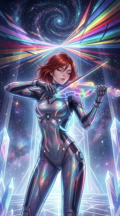 score_9, masterpiece, best quality, ultra-detailed, Set A: High-budget Anime Keyframe, Caucasian (human ears) woman. Upper body close-up from the thighs up, character filling the screen for maximum presence. Theme: Abstract Cosmic. playing a holograp