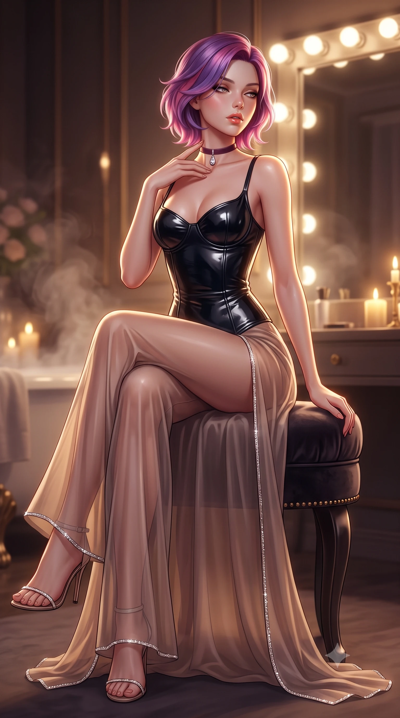 score_9, masterpiece, best quality, ultra-detailed, high-budget anime keyframe, semi-realistic 3D game render, editorial fashion photography, tasteful artistic composition, Caucasian woman. low angle full-body shot from head to toe showing her feet, filling the entire 9:16 vertical frame with her statuesque presence, stretching her vertical silhouette. executing a slow, graceful pivot turn as her silk gown sways around her slender legs, glancing back with an enchanting, teasing sensual expression while sitting perched sideways on the velvet vanity stool with legs crossed, one hand touching her throat while casting a magnetic, heavy-lidded glance. The background shows a soft-focus aromatic bath steam and soft vanity bulb glows softened in ultra-luxury boudoir shallow focus. She has an absolutely perfect, statuesque 8.5-heads proportion, an exceptionally tall and slender model-like female figure with impossibly long slender legs, an ultra-slim waist, a flat toned midriff, narrow delicate ribcage, and beautifully sculpted feminine hips creating a graceful, slim hourglass silhouette without any bulky heaviness. sharp v-shaped jawline, high-bridge nose, sparkling eyes with hypnotic seductive depth, thick curled eyelashes, glossy parted lips with a natural dewy peach sheen, alluring bedroom-eyes with an enchanting coquettish smile, exuding magnetic siren charisma and sophisticated high-fashion glamour, flawlessly proportioned anatomical accuracy, strict slender model proportions, natural body alignment, perfectly sculpted long slender limbs, ultra-slim waistline, clean dynamic posture without body distortion. wearing a wet-look form-fitting vinyl bustier paired with sheer chiffon high-slit wide-leg trousers in sheer dusky champagne and glistening crystal trims, crafted from shimmering fluid chainmail mesh reflecting ambient candlelight, finished with a thin velvet ribbon choker and a single teardrop diamond pendant, the glove-like clinging cut tightly following the natural contour of her hips and long slender legs with youthful 8.5-heads elegance. illuminated by mirror specular bounce and sharp warm-gold rim lights defining her razor-sharp jawline, ultra-slim waist, and curvy hips. highly saturated vibrant anime colors, detailed shading with soft gradients, rich glossy textures, high-contrast stereoscopic depth, volumetric dynamic lighting, master piece, 9:16 ratio