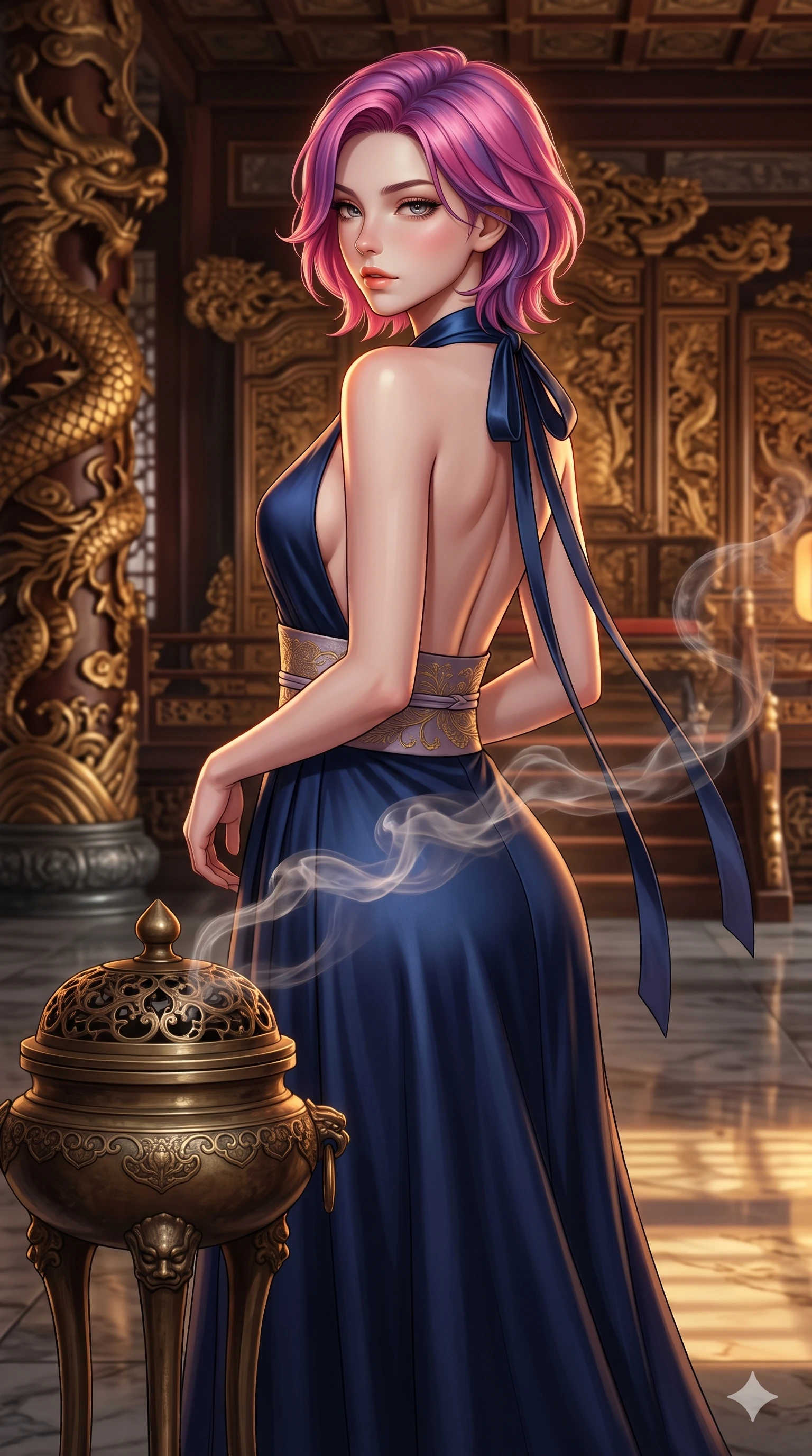 score_9, masterpiece, best quality, ultra-detailed, high-budget anime keyframe, editorial fashion photography, tasteful artistic composition, Caucasian woman. close-up cowboy shot from the waist and thighs up, the character dominates the composition, filling the frame with her large presence. posing in an alluring rear three-quarter angle, looking over a bare shoulder with parted glossy lips, her hips cocked back to highlight her slim hourglass curve while standing tall beside the antique bronze incense burner, watching swirling aromatic smoke tendrils drift past her flat midriff and hips. The surrounding environment is rendered in vivid detail and crisp panoramic clarity: sharp bronze incense burner openwork lid, carved gilt wood dragon scales, and polished stone floor reflections in deep focus. She has an exceptionally elegant, slender, and willowy female figure with an ultra-slim waist, flat toned midriff, narrow ribcage, and sculpted feminine hips creating an alluring, slim hourglass silhouette without bulk. sharp v-shaped jawline, high-bridge nose, sparkling eyes with hypnotic seductive depth, thick curled eyelashes, glossy parted lips with a natural dewy peach sheen, alluring bedroom-eyes with an enchanting coquettish smile, exuding magnetic siren charisma and sophisticated glamour, flawlessly proportioned anatomical accuracy, strict slender model proportions, natural body alignment, perfectly sculpted long slender limbs, ultra-slim waistline, clean dynamic posture without body distortion. wearing a structured midnight blue silk after-hours durumagi long robe dress with satin lapels and a gold-embroidered obi sash in vintage bronze patina and pale wisteria lilac, tailored from heavy double-faced silk faille with an exceptionally fluid drape, finished with long silk ribbon ties fluttering down her bare spine from a backless halter, the impeccably tailored cut draping gracefully along her slender figure with aristocratic eastern poise. illuminated by polished floor bounce and sharp amber-bronze rim lights defining her razor-sharp jawline, narrow waist, and curvy hips. ultra-reflective glossy finish, specular highlights, rich textural contrasts, high-contrast stereoscopic depth, volumetric dynamic lighting, 2k, ultra detail, master piece, 9:16 ratio