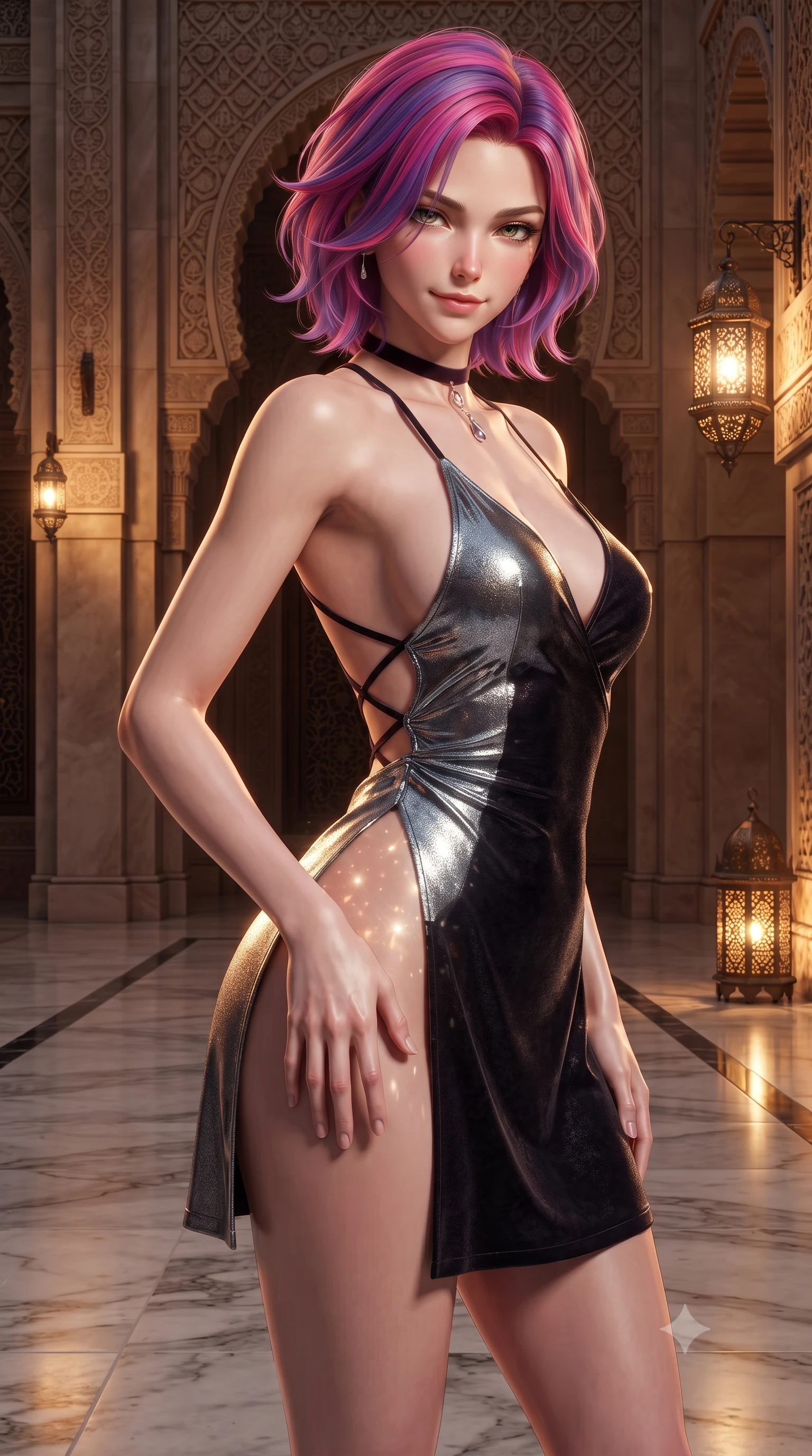score_9, masterpiece, best quality, ultra-detailed, high-budget anime keyframe, editorial fashion photography, tasteful artistic composition, Caucasian woman. close-up cowboy shot from the waist and thighs up, the character dominates the composition, filling the frame with her large presence. tilting her head with a teasing half-smile, running one hand slowly down the side of her hip in a flirtatious S-curve as ambient light caresses her silhouette while twisting her slender torso in an alluring contrapposto stance on the polished marble pavement, starlight and fountain reflections caressing her narrow waist and curvy hips. The surrounding environment is rendered in vivid detail and crisp panoramic clarity: detailed fabric texture, gold metallic accents, and UNESCO heritage architectural relief in razor-sharp precision. She has an exceptionally elegant, slender, and willowy female figure with an ultra-slim waist, flat toned midriff, narrow ribcage, and sculpted feminine hips creating an alluring, slim hourglass silhouette without bulk. sharp v-shaped jawline, high-bridge nose, intricate jewel-like sparkling eyes with depth, thick eyelashes, glossy parted lips with a natural peach sheen, bright cheerful beaming smile with an enchanting and coquettish sensual glint, exuding both youthful cute charm and seductive allure, flawlessly proportioned anatomical accuracy, strict slender model proportions, natural body alignment, perfectly sculpted long slender limbs, ultra-slim waistline, clean dynamic posture without body distortion. wearing a backless liquid lamé mini dress with criss-cross spinal straps and daring side slit in Vik black sand obsidian and glacier crystal silver, tailored from ultra-plush silk velvet with rich tactile depth and deep shadow gradients, finished with a thin velvet ribbon choker and a single teardrop diamond pendant, the impeccably tailored cut draping gracefully along her slender figure with aristocratic poise. bathed in the warm radiant 2600K amber illumination of antique pierced brass lanterns dimmed to an intimate evening glow. ultra-reflective glossy finish, specular highlights, rich textural contrasts, high-contrast stereoscopic depth, volumetric dynamic lighting, 2k, ultra detail, master piece, 9:16 ratio