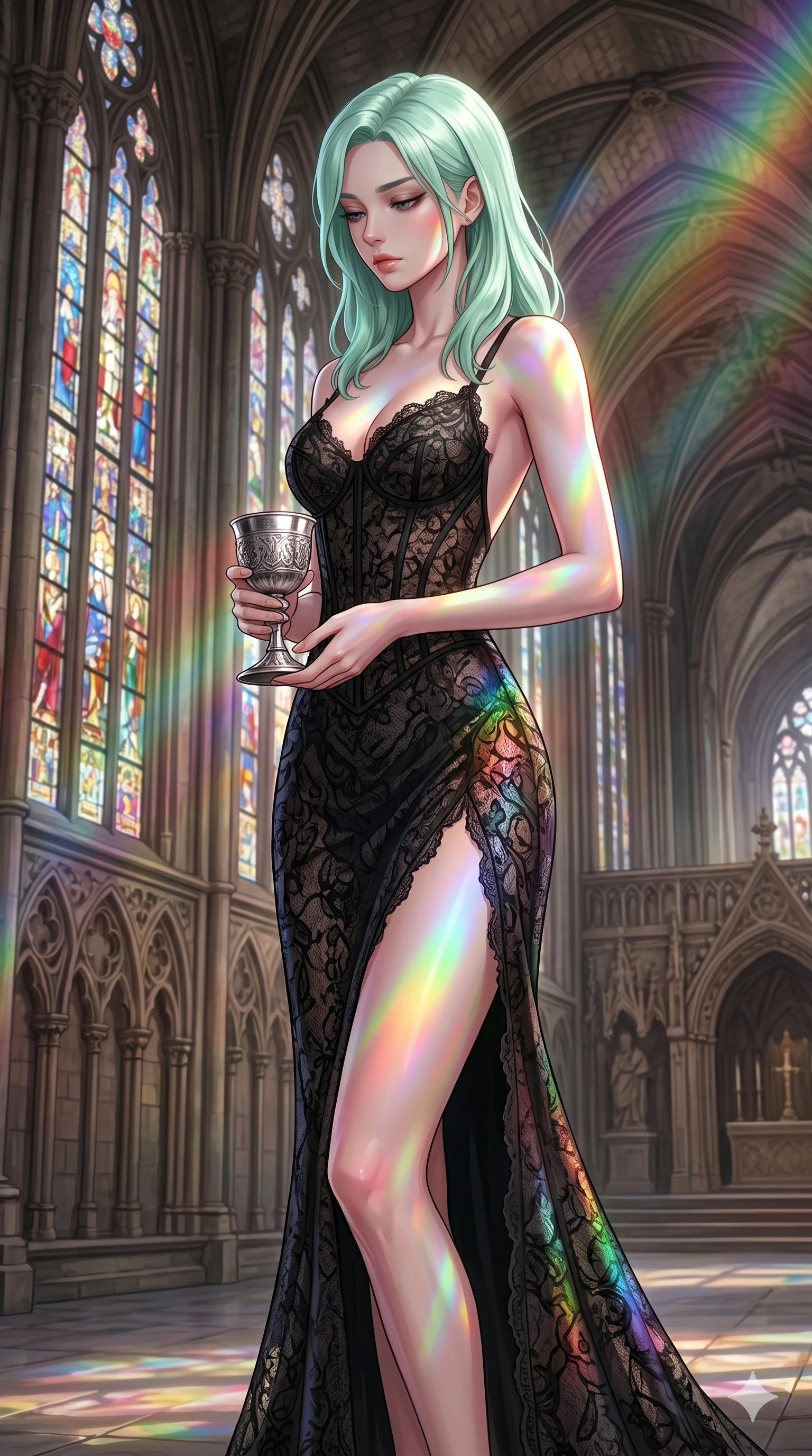 score_9, masterpiece, best quality, ultra-detailed, high-budget anime keyframe, editorial fashion photography, tasteful artistic composition, Japanese woman. cowboy shot from the thighs up, character and outfit filling the frame for maximum editorial presence. holding a silver chalice, looking down with lowered lashes in a composed, powerful gesture in a gothic cathedral sanctuary with towering stained-glass windows (Code-P16-054). She has an absolutely perfect 8-heads proportion, an exceptionally tall and slender female figure with impossibly long slender legs and an ultra-slim waist. V-shaped jawline, high-bridge nose, intricate jewel-like eyes with depth, thick eyelashes, glossy lips with a natural sheen. wearing a black lace corset gown with a high slit to mid-thigh and a scooped open back. prismatic rainbow light refracting through the stained-glass window, coloring her skin. 2k, ultra detail, master piece, 9:16 ratio