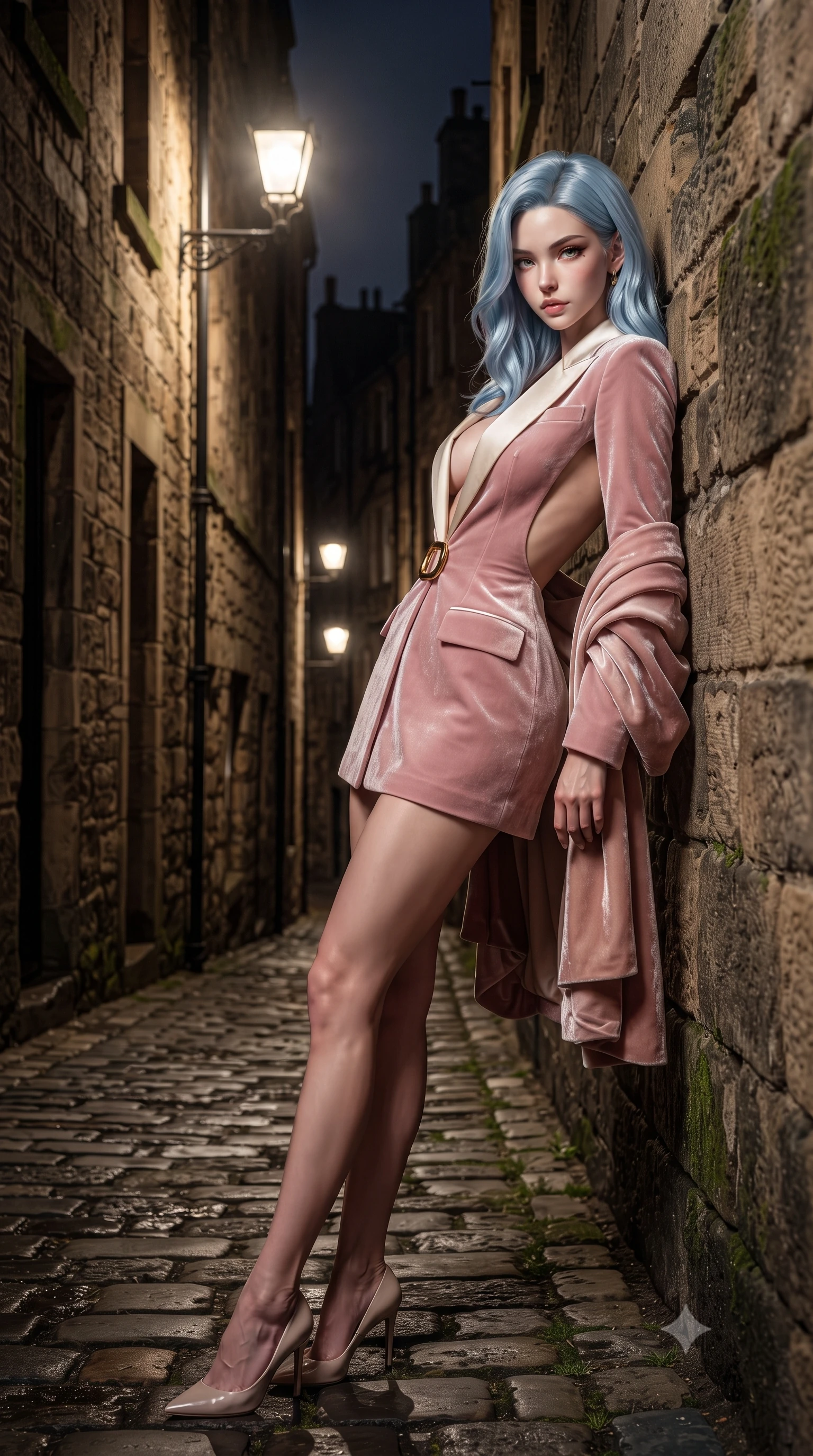 score_9, masterpiece, best quality, ultra-detailed, high-budget anime keyframe, editorial fashion photography, tasteful artistic composition, Korean woman. low angle full-body shot from head to toe showing her feet, filling the entire 9:16 vertical frame with her statuesque presence, stretching her vertical silhouette. leaning deep against the structural architecture with hips cocked in an unapologetically bold, seductive high-fashion stance while descending the steep, narrow cobblestone close between ancient stone tenements, arching her back with sovereign poise under glowing gas street lamps. The surrounding environment is rendered in vivid detail and crisp panoramic clarity. sharp wet cobblestone textures, ancient sandstone masonry joints, and gas lamp glass clarity in deep focus. She has an exceptionally tall and slender model-like 8.5-heads proportion, an ultra-slim waist, a flat toned midriff, narrow delicate ribcage, and beautifully sculpted feminine hips creating a graceful, slim hourglass silhouette without any bulky heaviness, with impossibly long slender legs. sharp v-shaped jawline, high-bridge nose, intricate jewel-like eyes with depth, thick eyelashes, glossy parted lips with a natural sheen, intensely captivating and seductive bedroom-eyes expression, flawlessly proportioned anatomical accuracy, strict slender model proportions, natural body alignment, perfectly sculpted long slender limbs, ultra-slim waistline, clean dynamic posture without body distortion. wearing a tailored velvet tuxedo jacket dress with satin lapels, worn with a deep plunge neckline and gold hip buckle in sakura blossom pink and warm ivory, crafted from heavyweight crushed silk velvet with liquid vintage luster, complemented by a plush velvet shawl draped loosely over her elbows, the dramatically scooped open back descending to the base of her spine, accentuating her razor-sharp statuesque lines and slim hourglass silhouette. illuminated by wet stone specular bounce light sharply defining her sculpted cheekbones, ultra-slim waist, and curvy hips. ultra-reflective glossy finish, specular highlights, rich textural contrasts, high-contrast stereoscopic depth, volumetric dynamic lighting, 2k, ultra detail, master piece, 9:16 ratio