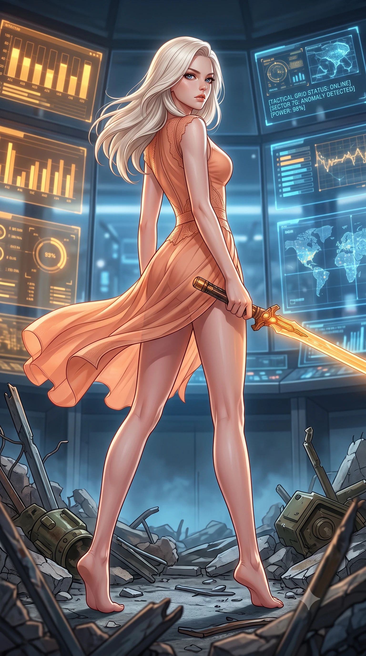 score_9, masterpiece, best quality, ultra-detailed, high-budget anime keyframe, editorial fashion photography, tasteful artistic composition, Caucasian woman. low angle full-body shot from head to toe showing her feet, filling the entire 9:16 vertical frame with her statuesque presence, stretching her vertical silhouette. stepping gracefully through battlefield debris with a glowing saber hilt in hand, looking back over her shoulder, the background shows a soft-focus a tactical grid control balcony with glass panels showing status bar charts. She has an absolutely perfect, statuesque 8.5-heads proportion, an exceptionally tall and slender model-like female figure with impossibly long slender legs and an ultra-slim waist. sharp v-shaped jawline, high-bridge nose, intricate jewel-like eyes with depth, thick eyelashes, glossy lips with a natural sheen. wearing a slim-fit semi-transparent mesh combat dress in peach, contouring her slender silhouette with delicate lace detailing. soft amber screen glare contrasting with the cool blue simulation space. highly saturated vibrant anime colors, detailed shading with soft gradients, rich glossy textures, high-contrast stereoscopic depth, volumetric dynamic lighting, master piece, 9:16 ratio