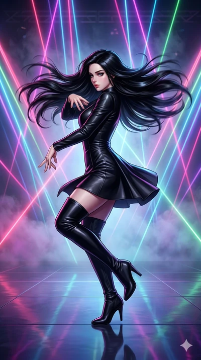 score_9, score_8_up, score_7_up, source_anime, masterpiece, best quality, ultra-detailed, same character with long flowing black hair, wearing the same outfit of black leather dress and thigh-high boots, full body shot in a dynamic dancing pose, side
