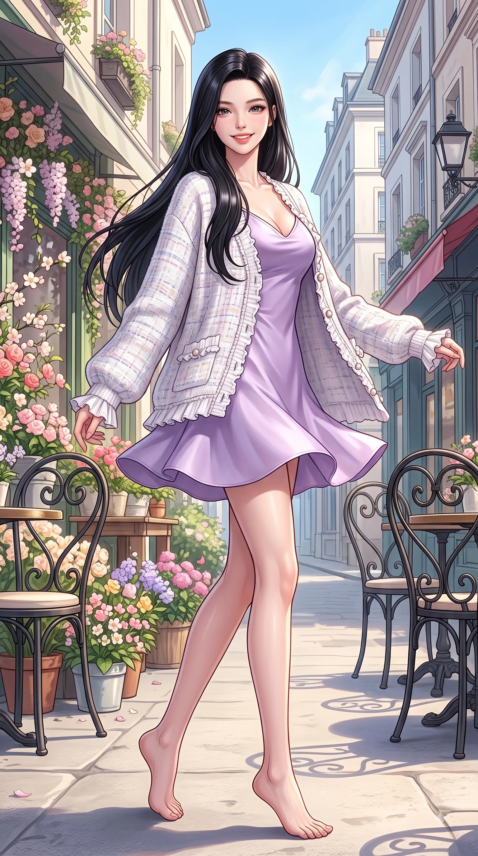 score_9, masterpiece, best quality, ultra-detailed, high-budget anime keyframe, editorial fashion photography, tasteful artistic composition, Korean woman. low angle full-body shot from head to toe showing her feet, filling the entire 9:16 vertical frame with her statuesque presence, stretching her vertical silhouette. performing a cheerful mid-motion turn with flawless poise, her radiant smile capturing fresh girlhood energy while resting near a sun-drenched cafe entrance while looking at the camera with a warm, sweet expression. The surrounding environment is rendered in vivid detail and crisp panoramic clarity. intricate floral shop displays, wrought-iron cafe chairs, and crisp architectural details rendered in vivid clarity. She has an absolutely perfect, statuesque 8.5-heads proportion, an exceptionally tall and slender model-like female figure with impossibly long slender legs and an ultra-slim waist. sharp v-shaped jawline, high-bridge nose, intricate jewel-like eyes with depth, thick eyelashes, glossy lips with a natural sheen, flawlessly proportioned anatomical accuracy, natural body alignment, perfectly sculpted elegant limbs, clean dynamic posture without body distortion. wearing a graceful lavender satin slip dress layered under a loose soft white knit cardigan in soft pastel lavender and sky blue, tailored from soft pastel tweed with subtle metallic thread, finished with subtle ruffle trims and delicate pearl buttons, the soft airy drape swaying gracefully with her dynamic movements. surrounded by a fresh, uplifting, and romantic spring street ambiance. highly saturated vibrant anime colors, detailed shading with soft gradients, rich glossy textures, high-contrast stereoscopic depth, volumetric dynamic lighting, master piece, 9:16 ratio
