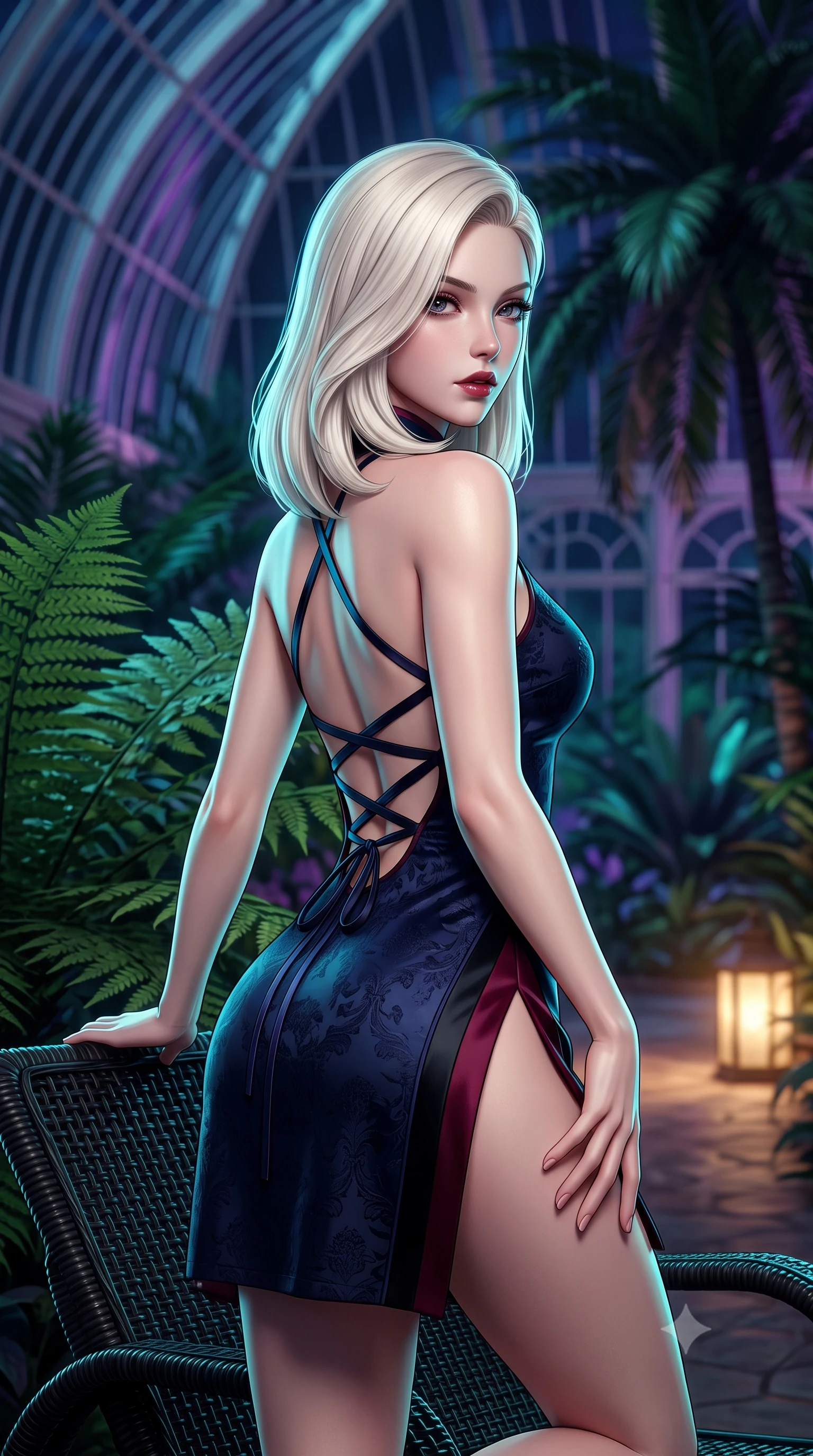 score_9, masterpiece, best quality, ultra-detailed, high-budget anime keyframe, semi-realistic 3D game render, editorial fashion photography, tasteful artistic composition, Caucasian woman. close-up cowboy shot from the waist and thighs up, the character dominates the composition, filling the frame with her large presence. posing in an alluring rear three-quarter angle, turning over a bare shoulder with an intoxicating, smoldering gaze, her hips cocked back to highlight her slim hourglass curve while sitting on a curved vintage black wicker lounger amidst giant prehistoric ferns, arching her back with an intoxicating, alluring expression. The composition keeps background elements in soft focus with dreamy creamy bokeh. soaring Victorian glass conservatory ribs and towering tropical palms backlit by midnight neon blurred into deep jade, violet, and sapphire bokeh. She has an exceptionally elegant, slender, and willowy female figure with an ultra-slim waist, flat toned midriff, narrow ribcage, and sculpted feminine hips creating an alluring, slim hourglass silhouette without bulk. sharp v-shaped jawline, high-bridge nose, intricate jewel-like dark sparkling eyes with dangerous depth, thick curled eyelashes, glossy parted lips with a rich wine sheen, smoldering seductive half-smile with bedroom-eyes, exuding effortless superiority and intoxicating dark allure, flawlessly proportioned anatomical accuracy, strict slender model proportions, natural body alignment, perfectly sculpted long slender limbs, ultra-slim waistline, clean dynamic posture without body distortion. wearing a modern tailored cheongsam mini dress in midnight navy jacquard silk with dramatic side hip slits in deep wine burgundy and lustrous obsidian, crafted from heavy fluid silk satin with a liquid mirror-like drape, featuring a dramatic criss-cross satin back lacing tracing her slender spine, the form-contouring cut accentuating her sculpted flat midriff, narrow delicate ribcage, and gracefully curvy hips with sovereign high-fashion precision. illuminated by soft warm pathway lantern fill and sharp cyan rim light defining her sculpted clavicle, narrow waist, and curvy hips. highly saturated vibrant anime colors, detailed shading with soft gradients, rich glossy textures, high-contrast stereoscopic depth, volumetric dynamic lighting, master piece, 9:16 ratio