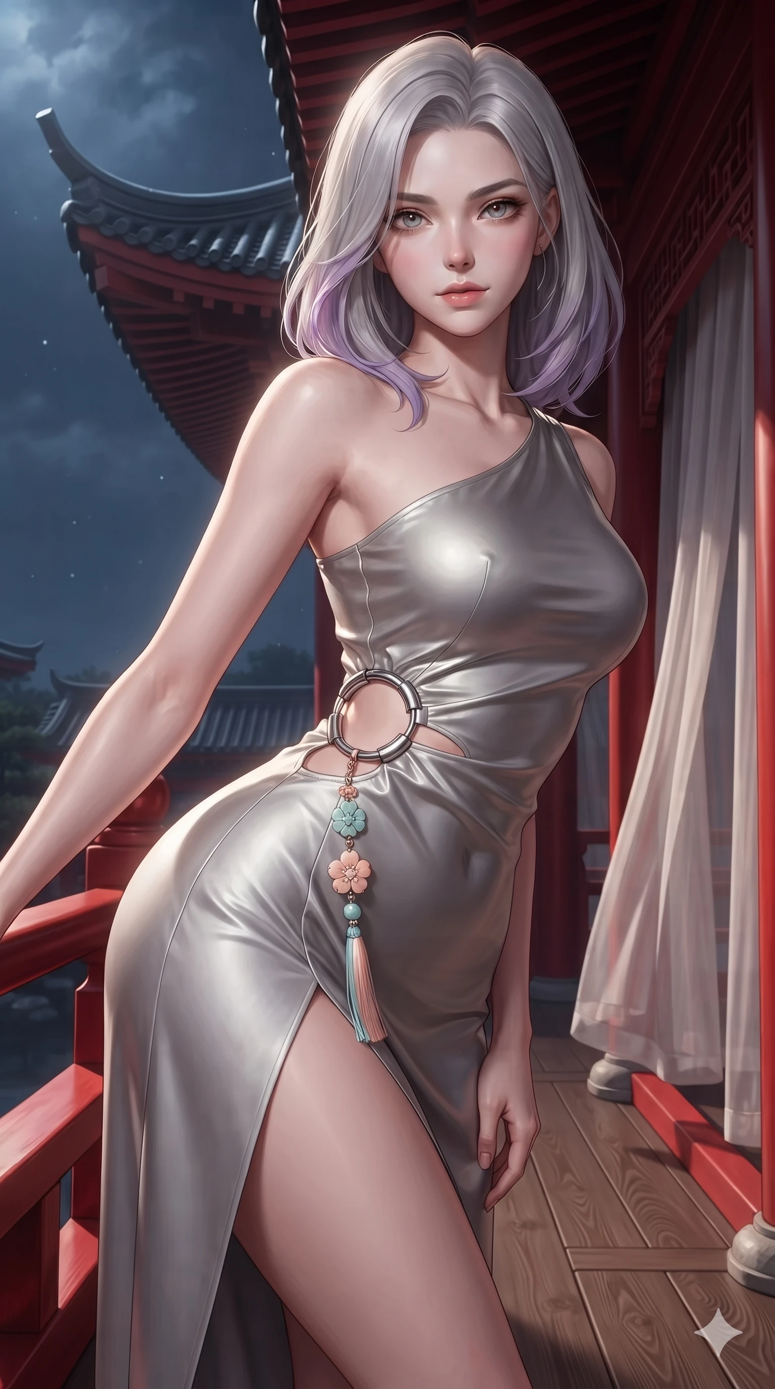 score_9, masterpiece, best quality, ultra-detailed, high-budget anime keyframe, editorial fashion photography, tasteful artistic composition, Caucasian woman. close-up cowboy shot from the waist and thighs up, the character dominates the composition, filling the frame with her large presence. leaning forward while arching her lower back to accentuate her curvy hips, looking into the camera with an intoxicating smoldering gaze and bedroom-eyes while twisting her slender torso in an alluring S-curve beside the curved roof eaves, moonlight tracing her narrow waist and rounded hips. The surrounding environment is rendered in vivid detail and crisp panoramic clarity: sharp red lacquer gloss on railings, sheer silk curtain weave transparency, and carved wooden floor joists in deep focus. She has an exceptionally elegant, slender, and willowy female figure with an ultra-slim waist, flat toned midriff, narrow ribcage, and sculpted feminine hips creating an alluring, slim hourglass silhouette without bulk. sharp v-shaped jawline, high-bridge nose, sparkling eyes with hypnotic seductive depth, thick curled eyelashes, glossy parted lips with a natural dewy peach sheen, alluring bedroom-eyes with an enchanting coquettish smile, exuding magnetic siren charisma and sophisticated glamour, flawlessly proportioned anatomical accuracy, strict slender model proportions, natural body alignment, perfectly sculpted long slender limbs, ultra-slim waistline, clean dynamic posture without body distortion. wearing an asymmetric one-shoulder liquid mercury silk dress with a dramatic hip-high wrap slit and norigae waist charm in pastel peach blossom and celadon porcelain blue, made of supple butter-soft lambskin leather with a subtle satin sheen, accented with sculptural chrome hardware rings framing the subtle cutouts, the impeccably tailored cut draping gracefully along her slender figure with aristocratic eastern poise. illuminated by timber floor bounce and sharp silver-vermilion rim lights defining her razor-sharp jawline, narrow waist, and curvy hips. ultra-reflective glossy finish, specular highlights, rich textural contrasts, high-contrast stereoscopic depth, volumetric dynamic lighting, 2k, ultra detail, master piece, 9:16 ratio