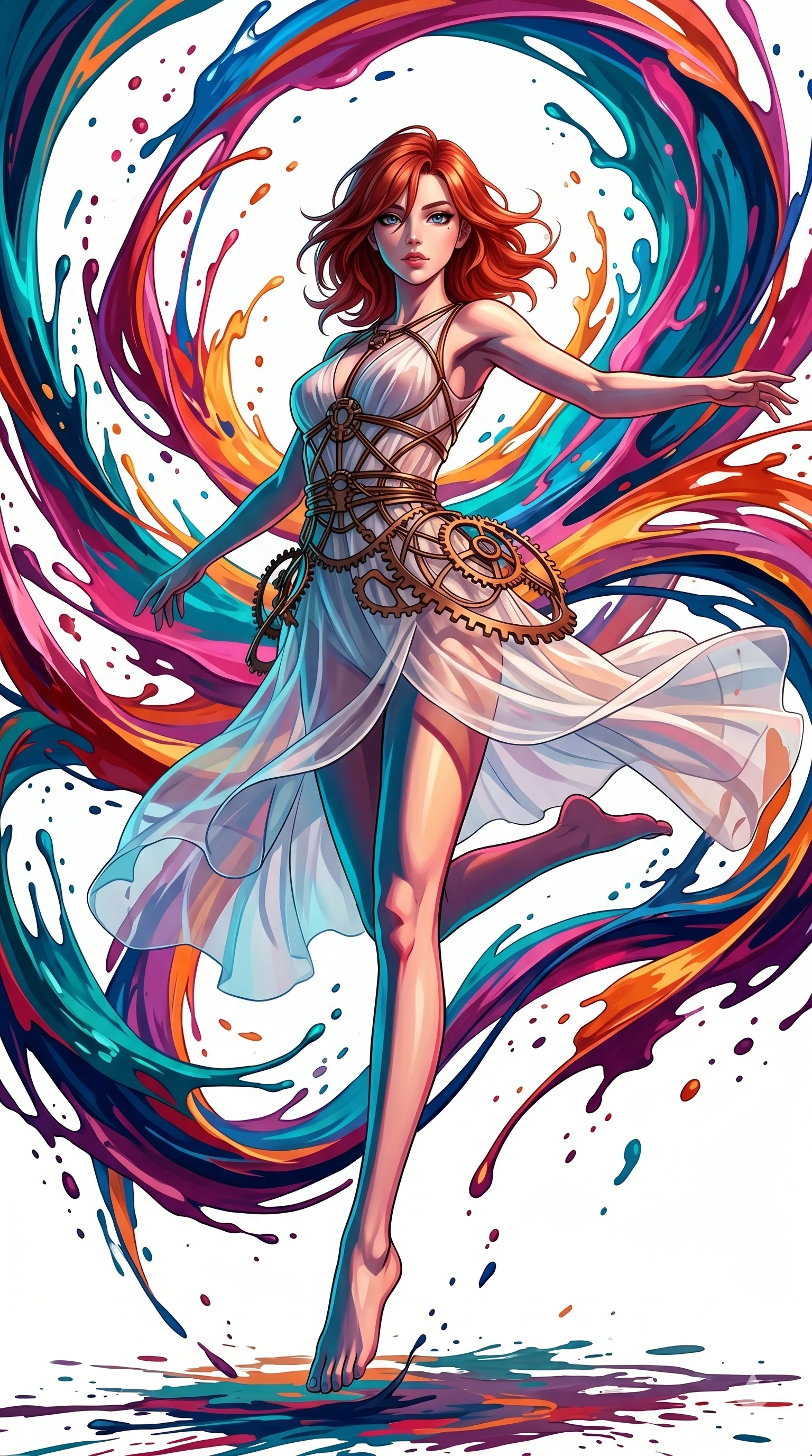 score_9, masterpiece, best quality, ultra-detailed, high-budget anime keyframe, Caucasian woman, strictly human ears. low angle full-body shot filling the entire 9:16 frame with her statuesque presence, stretching the vertical silhouette. leaping into a vorticist paint splatter dimension where thousands of vivid acrylic paint ribbons and splatters swirl around her in a white gallery void. She has an absolutely perfect 8-heads proportion, an exceptionally tall and slender female figure with impossibly long slender legs and an ultra-slim waist. V-shaped jawline, high-bridge nose, intricate jewel-like eyes with depth, thick eyelashes, glossy lips with a natural sheen.. wearing a chrono-gear wire harness couture, featuring micro-bronze gear wire harness cinching her waist, over a sheer white organza dress. accented by dynamic color-blocked lighting with high-contrast shadows emphasizing her statuesque height. 2k, ultra detail, master piece, 9:16 ratio
