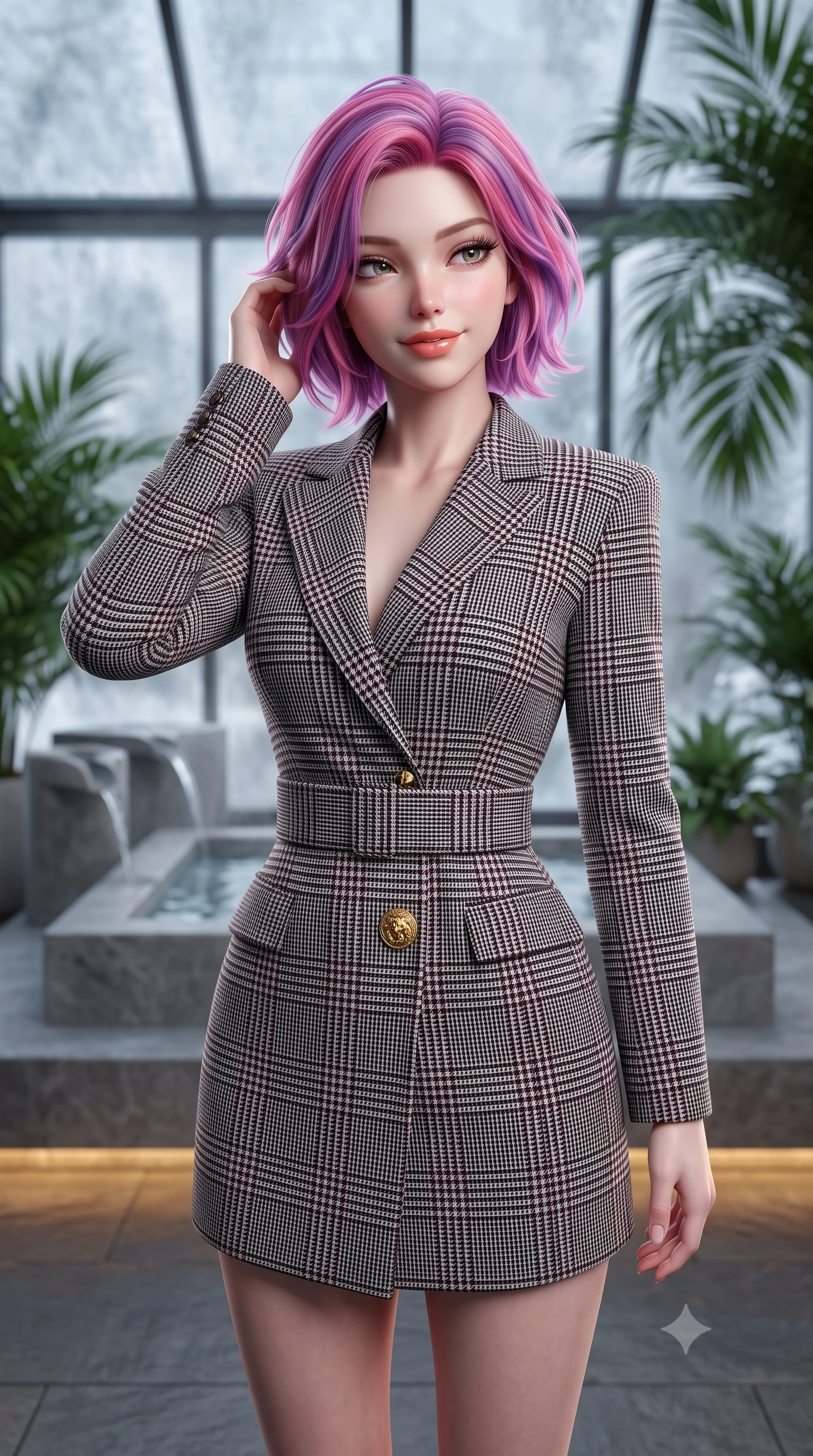 score_9, masterpiece, best quality, ultra-detailed, high-budget anime keyframe, semi-realistic 3D game render, editorial fashion photography, tasteful artistic composition, Caucasian woman. close-up cowboy shot from the waist and thighs up, the character dominates the composition, filling the frame with her large presence. gently brushing a lock of hair behind her ear while casting a playful, flirtatious side-gaze with long eyelashes while standing poised on the warm slate floor of the indoor winter garden pavilion surrounded by lush tropical palms, smiling with serene relaxation. The background shows a soft-focus minimalist stone water features softened in peaceful Swiss alpine wellness sanctuary shallow focus. She has an exceptionally elegant, slender, and willowy female figure with an ultra-slim waist, flat toned midriff, narrow ribcage, and sculpted feminine hips creating an alluring, slim hourglass silhouette without bulk. sharp v-shaped jawline, high-bridge nose, intricate jewel-like sparkling eyes with depth, thick eyelashes, glossy parted lips with a natural peach sheen, bright cheerful beaming smile with an enchanting and coquettish sensual glint, exuding both youthful cute charm and seductive allure, flawlessly proportioned anatomical accuracy, strict slender model proportions, natural body alignment, perfectly sculpted long slender limbs, ultra-slim waistline, clean dynamic posture without body distortion. wearing a bespoke hourglass-tailored wool blazer dress with structured shoulders and a deeply cinched belt, highlighting her sculpted feminine hips in classic glen plaid monochrome with subtle wine red accent, tailored from stretch wool crepe providing structured compression and razor-sharp bodycon lines, accented with an ornate 24k gold lion-embossed crest button along the snug front closure, the snug waist-cinching tailoring accentuating her ultra-slim waistline and the enchanting curve of her feminine hips with alluring seductive charm. bathed in calm diffused winter daylight filtering through steamy glass panes combined with warm 2800K recessed floor lights. highly saturated vibrant anime colors, detailed shading with soft gradients, rich glossy textures, high-contrast stereoscopic depth, volumetric dynamic lighting, master piece, 9:16 ratio