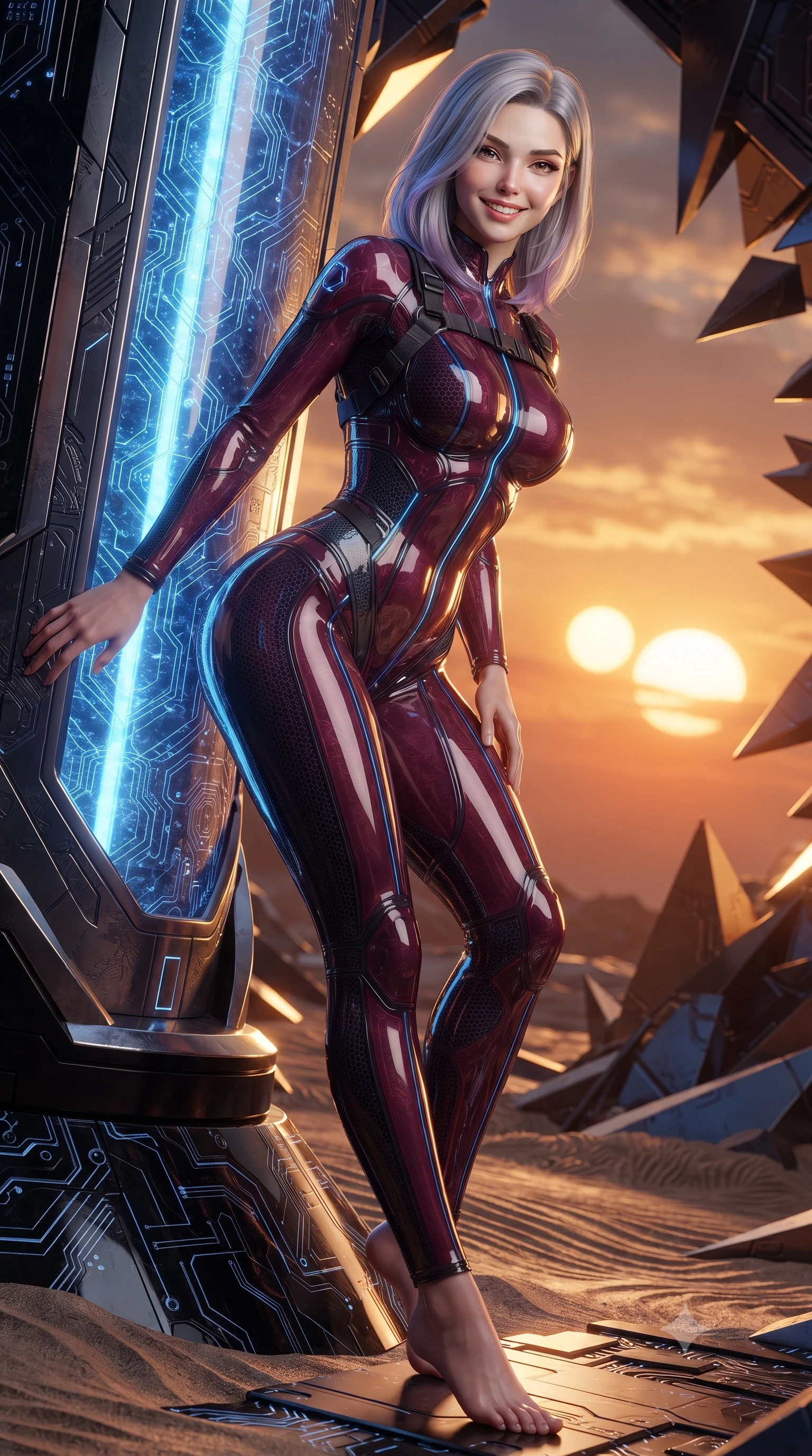 score_9, masterpiece, best quality, ultra-detailed, high-budget anime keyframe, editorial fashion photography, tasteful artistic composition, Caucasian woman. low angle full-body shot from head to toe showing her feet, filling the entire 9:16 vertical frame with her statuesque presence, stretching her vertical silhouette. leaning deep against the glowing energy conduit with hips cocked back in an unapologetically alluring high-fashion stance, flashing a warm beaming smile while leaning against a floating geometric metal shard with hips cocked back, casting an alluring bedroom-gaze over the twin-sun sunset. The surrounding environment is rendered in vivid detail and crisp panoramic clarity: sharp alien circuit engravings on polished obsidian stone, sand ripple textures, and metal shard bevels in deep focus. She has an absolutely perfect, statuesque 8.5-heads proportion, an exceptionally tall and slender model-like female figure with impossibly long slender legs, an ultra-slim waist, a flat toned midriff, narrow delicate ribcage, and beautifully sculpted feminine hips creating a graceful, slim hourglass silhouette without any bulky heaviness. sharp v-shaped jawline, high-bridge nose, intricate jewel-like sparkling eyes with depth, thick eyelashes, glossy parted lips with a natural sheen, bright confident smile with an enchanting and coquettish sensual glint, exuding both youthful magnetic charm and sovereign high-tech allure, flawlessly proportioned anatomical accuracy, strict slender model proportions, natural body alignment, perfectly sculpted long slender limbs, ultra-slim waistline, clean dynamic posture without body distortion. wearing a translucent high-gloss polymer flight suit with internal luminescent wire filigree and tailored waist cinching in deep wine crimson and dark carbon weave, woven from delicate semi-opaque high-tensile nano-mesh with intricate hexagonal micro-patterns, finished with criss-cross Kevlar tactical straps tracing her graceful shoulder blades, the form-contouring cut accentuating her sculpted flat midriff, narrow delicate ribcage, and gracefully curvy hips with cybernetic supermodel precision. illuminated by glowing monolith circuit veins and sharp golden-amber rim lights sculpting her razor-sharp jawline, narrow waist, and curvy hips. ultra-reflective glossy finish, specular highlights, rich textural contrasts, high-contrast stereoscopic depth, volumetric dynamic lighting, 2k, ultra detail, master piece, 9:16 ratio