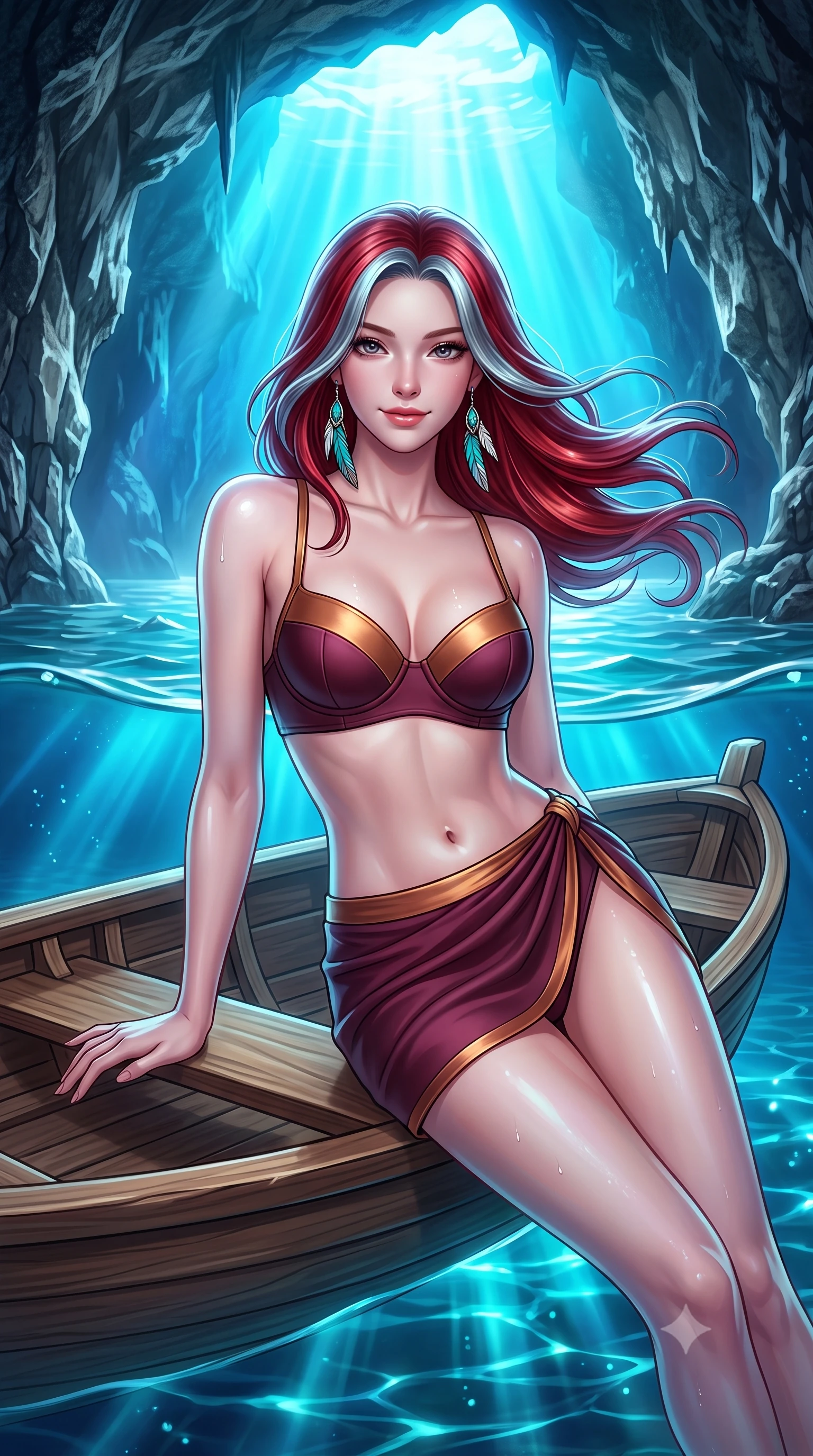 score_9, masterpiece, best quality, ultra-detailed, high-budget anime keyframe, semi-realistic 3D game render, editorial fashion photography, tasteful artistic composition, Caucasian woman. close-up cowboy shot from the waist and thighs up, the character dominates the composition, filling the frame with her large presence. turning slowly with an enchanting smoldering smile, her glossy hair tossing in the breeze as her hips angle gracefully in a captivating contrapposto while reclining on the small wooden rowboat propped on one hand, her wet-look silhouette radiating supernatural Mediterranean beauty. The surrounding environment is rendered in vivid detail and crisp panoramic clarity: sharp limestone cave wall texture, water surface meniscus clarity, and glowing underwater light beam refraction in deep focus. She has an exceptionally elegant, slender, and willowy female figure with an ultra-slim waist, flat toned midriff, narrow ribcage, and sculpted feminine hips creating an alluring, slim hourglass silhouette without bulk. sharp v-shaped jawline, high-bridge nose, sparkling eyes with hypnotic seductive depth, thick curled eyelashes, glossy parted lips with a natural dewy peach sheen, alluring bedroom-eyes with an enchanting coquettish smile, exuding magnetic siren charisma and sophisticated glamour, flawlessly proportioned anatomical accuracy, strict slender model proportions, natural body alignment, perfectly sculpted long slender limbs, ultra-slim waistline, clean dynamic posture without body distortion. wearing a structured underwire bikini bustier top paired with an ultra-short draped sarong wrap mini skirt in smoky bordeaux wine and gilded copper, tailored from second-skin technical compression neoprene with athletic curve-sculpting stretch, accented with turquoise and silver bohemian feather earrings swaying near her bare neck, the high-slit wrap tailoring accentuating her ultra-slim waistline and the enchanting curve of her feminine hips with alluring seductive charm. bathed in ethereal glowing cobalt-and-cyan light radiating upward through the submerged cave opening. highly saturated vibrant anime colors, detailed shading with soft gradients, rich glossy textures, high-contrast stereoscopic depth, volumetric dynamic lighting, master piece, 9:16 ratio