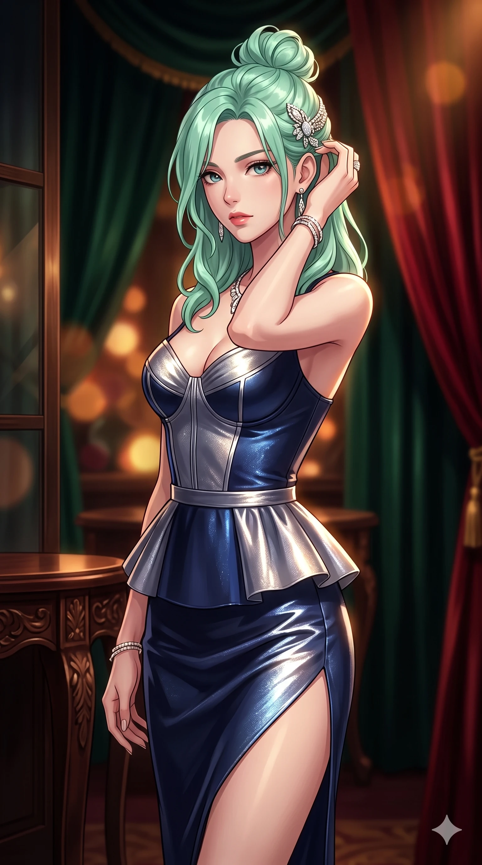 score_9, masterpiece, best quality, ultra-detailed, high-budget anime keyframe, semi-realistic 3D game render, editorial fashion photography, tasteful artistic composition, Japanese woman. close-up cowboy shot from the waist and thighs up, the character dominates the composition, filling the frame with her large presence. arching her spine backward with effortless dancer poise, one hand sliding along her hip line as directional light carves specular highlights along her silhouette while standing poised at the loge entrance, arching her lower back with sovereign supermodel grace while adjusting her jeweled hair clasp. The background shows a soft-focus carved rosewood tables with ivory and jade tiles, smoked glass sliding panels, and velvet drapes blurred into emerald, ruby, and dark rosewood bokeh. She has an exceptionally elegant, slender, and willowy female figure with an ultra-slim waist, flat toned midriff, narrow ribcage, and sculpted feminine hips creating an alluring, slim hourglass silhouette without bulk. sharp v-shaped jawline, high-bridge nose, intricate jewel-like sparkling eyes with depth, thick eyelashes, glossy parted lips with a natural sheen, intensely captivating and seductive bedroom-eyes expression, exuding both youthful cute charm and sovereign luxury allure, flawlessly proportioned anatomical accuracy, strict slender model proportions, natural body alignment, perfectly sculpted long slender limbs, ultra-slim waistline, clean dynamic posture without body distortion. wearing a modern peplum corset dress with side-waist diamond cutouts and an ultra-tight silhouette in midnight sapphire blue and liquid platinum, crafted from stretch micro-mesh with liquid foil coating that shimmers with every movement, finished with an ultra-high side slit secured by miniature jeweled clasps, the bespoke structured tailoring following the natural line of her 8.5-heads silhouette with refined elegance. bathed in low-key, high-contrast chiaroscuro lighting with narrow green and amber spotlights on the gaming table. highly saturated vibrant anime colors, detailed shading with soft gradients, rich glossy textures, high-contrast stereoscopic depth, volumetric dynamic lighting, master piece, 9:16 ratio